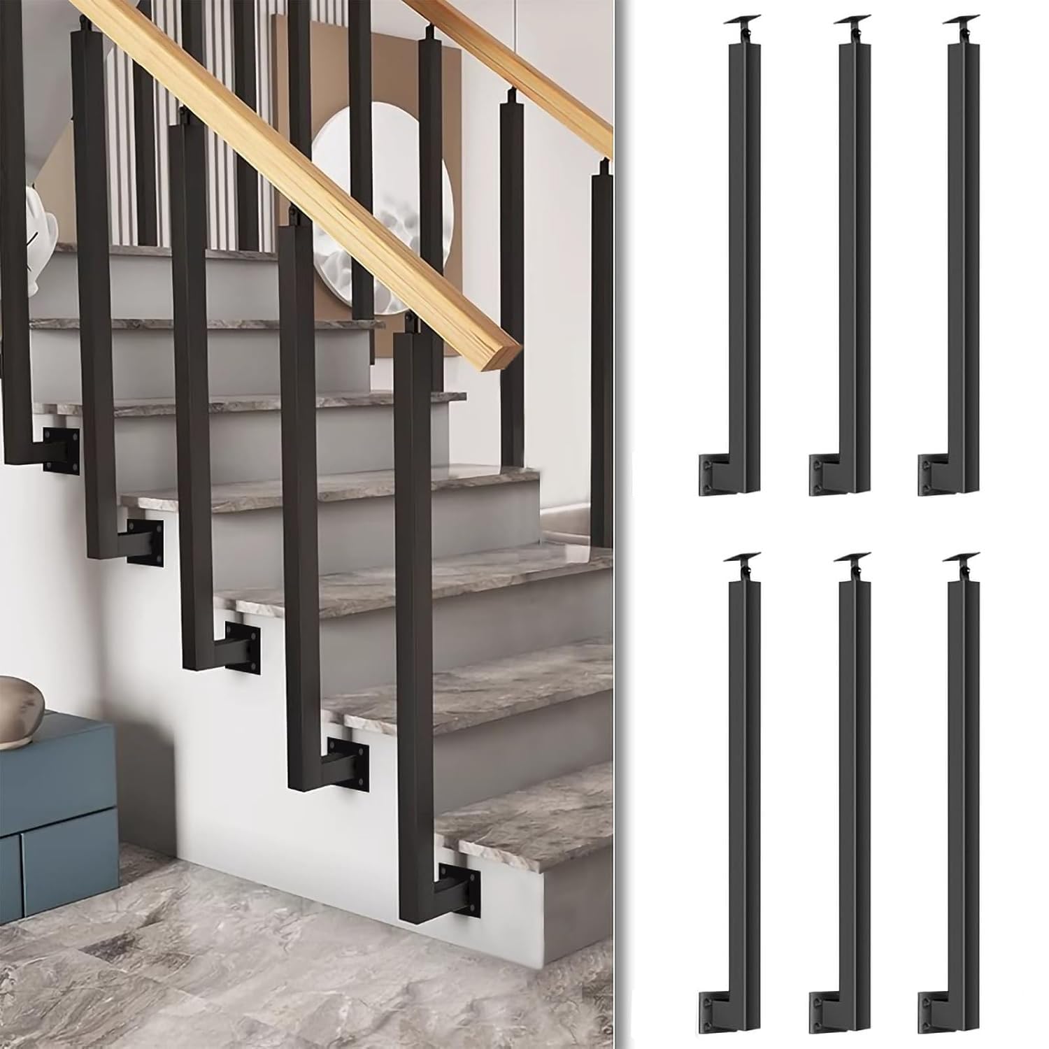 34/36/38/40/42in side mount stair railing posts, indoor outdoor 270°adjustable metal baluster post, staircase balusters with screws kit for deck, balcony and porch