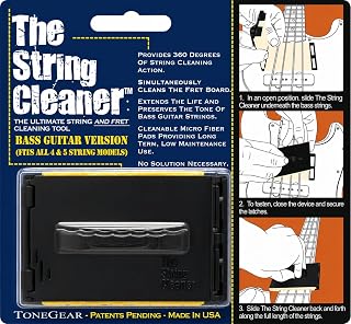 Bass Guitar String & Fretboard Cleaner - The Original 360 Degree Scrubber & Maintenance Tool for Bass Guitar - Cleanable Microfiber Pads - No Solution Needed