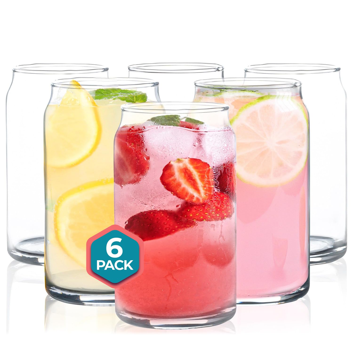 Can Shaped Drinking Glasses 16 oz - 6 Pack Beer Can Glass Cups Set Clear Pint Beer Glasses