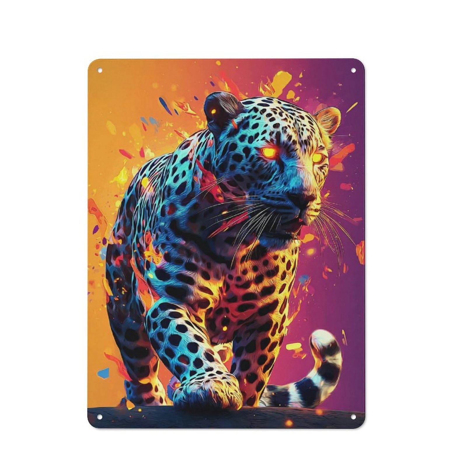Junmoney Colorful Leopard In Action Metal Wall Sign 40X30cm Featuring For Café Or Restaurant, A Decorative Metal Sign For Cafés And Restaurants