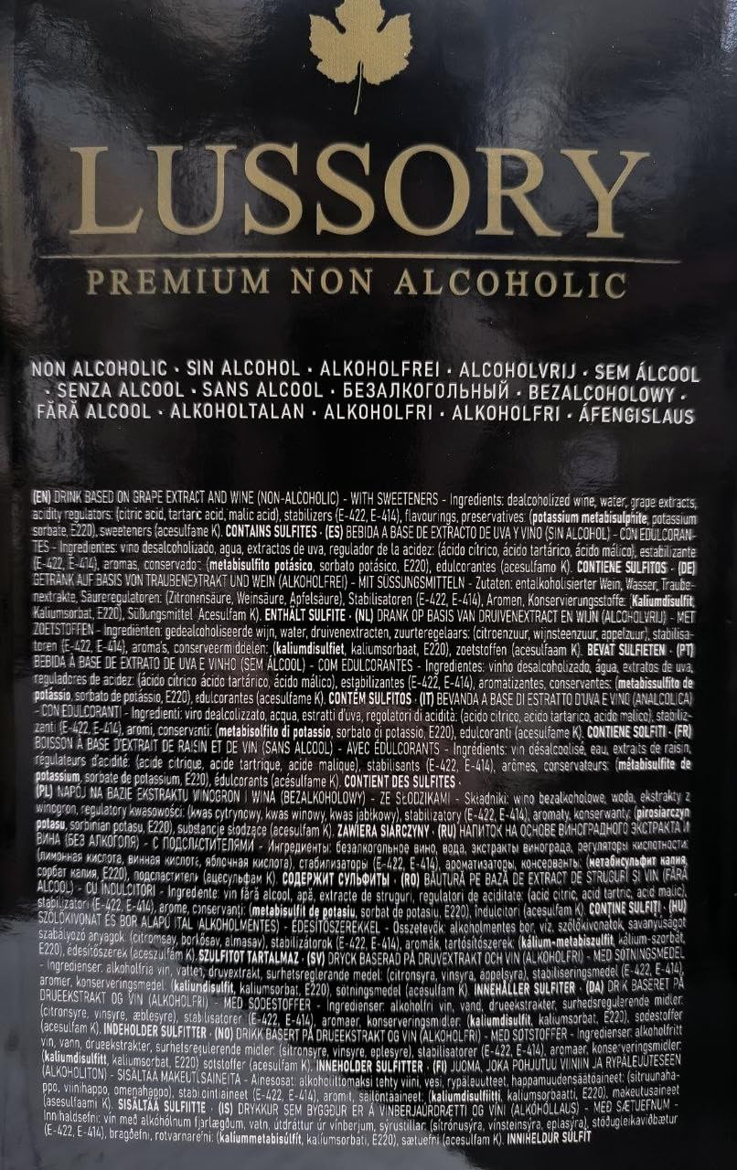 Vino Rosso SENZA ALCOL 0,0 - LUSSORY PREMIUM | Bag in Box 10 L | Equivalente a più di 13 bottiglie da 750 ml | Formato risparmio con rubinetto | SENZA zucchero, SENZA alcol, BASSO contenuto calorico