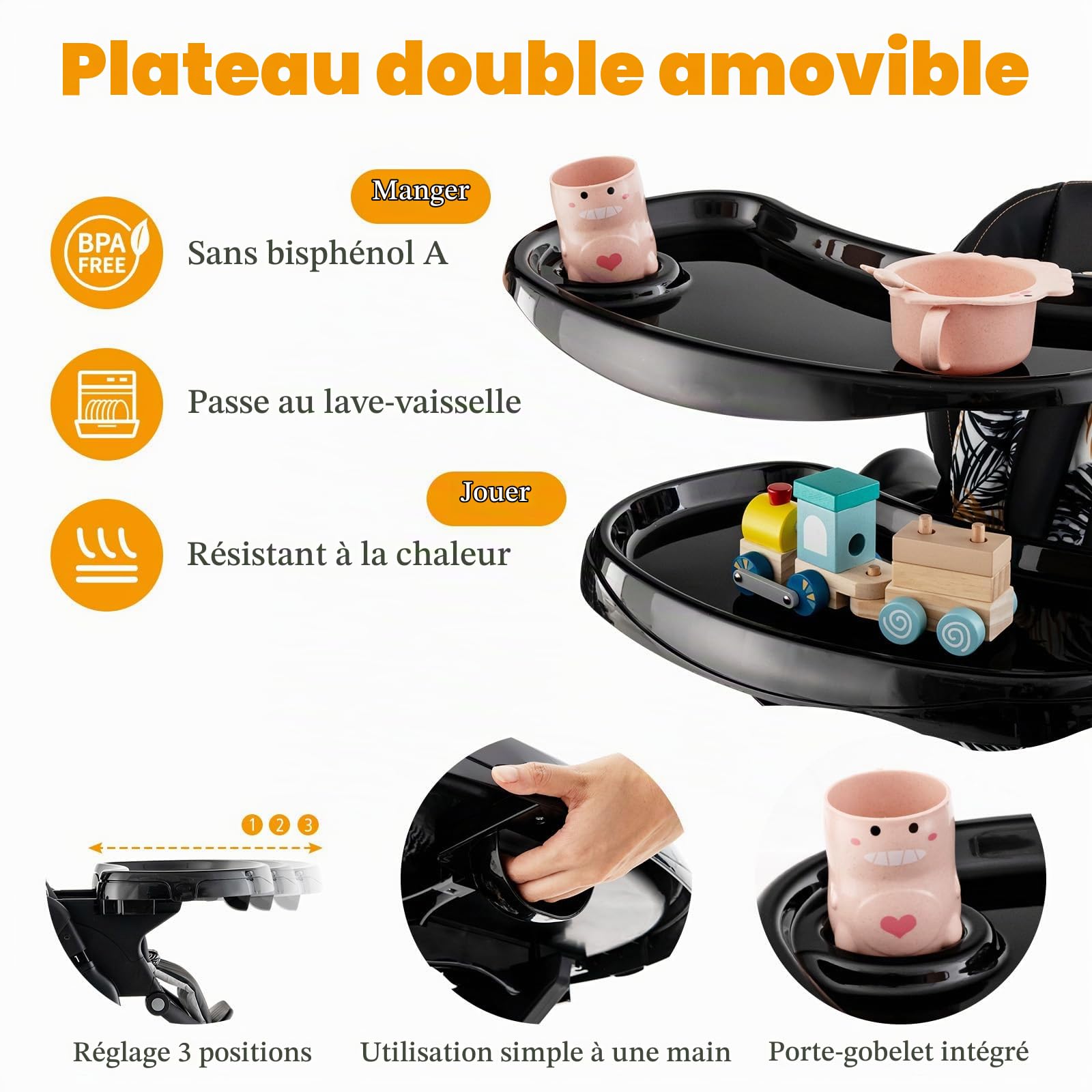 LIFEZEAL Chaise Haute Bébé Pliable avec Hauteur Réglable à 7 Positions, Dossier Inclinable, Chaise Haute Bebe Evolutive avec Coussin Confort, Double Plateau, Cardans, 6-36 mois,Charge 15 kg (Noir)