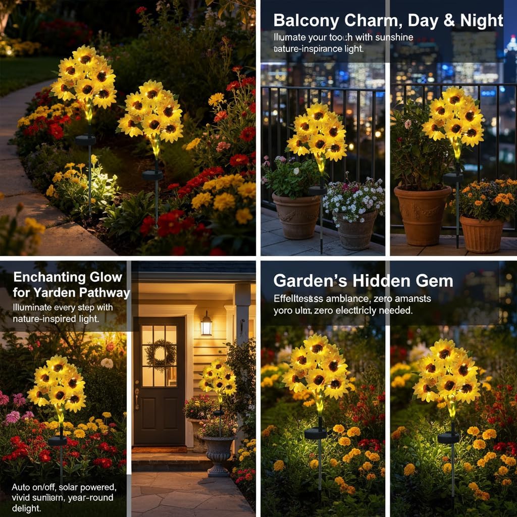 FOFOWHAT Sunflower Solar Lights Outdoor Garden Decor - 5 Pack with 30 Waterproof Sunflower Lights, Xmas Gifts for Mom Women, Outside Sun Flower Decorative Stakes Light for Landscape Yard Patio Lawn