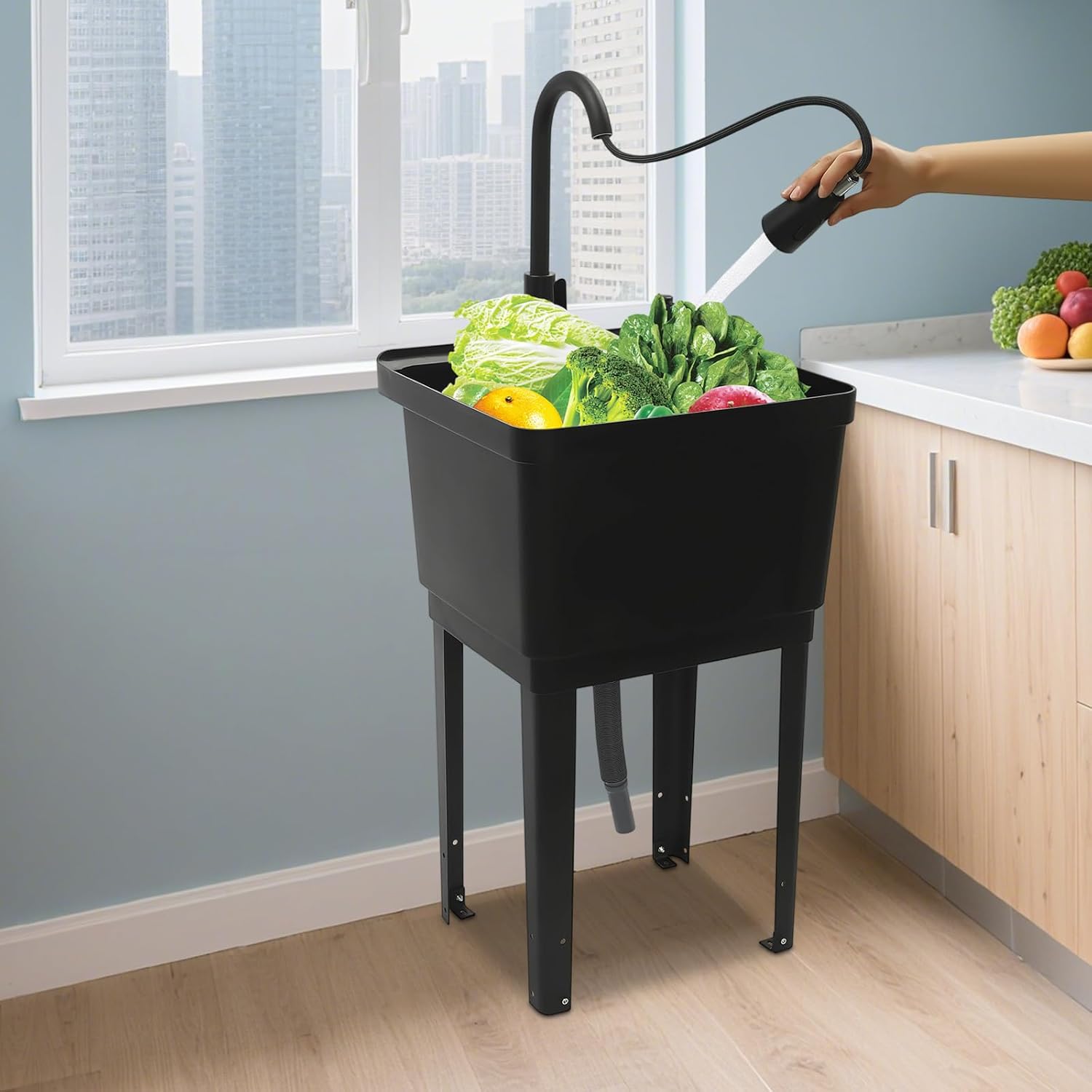 19 In Laundry Sink with 360° Rotatable Faucet (19.3" X 16" X 11.8"In), Freestanding Utility Sink Indoor Outdoor, Portable Plastic Tub for Laboratories, Gardens, Warehouses, Garages, Outdoor (Black)