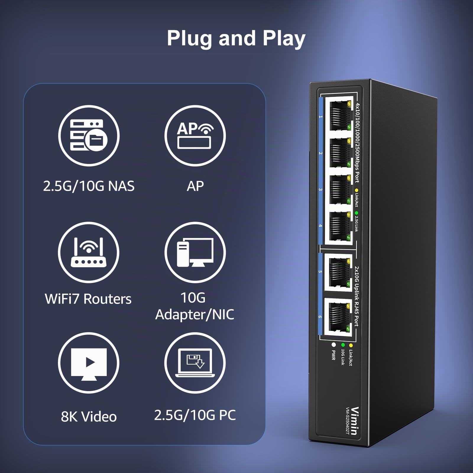 Conmutador Ethernet de 6 Puertos 10G/2.5G con Doble 10GBASE-T, Vimin 4X 2.5G + 2 Puertos RJ45 de 10 GB, Capacidad de 60 Gbps, Interruptor de Red multiGigabit de Escritorio/Montaje en Pared para NAS