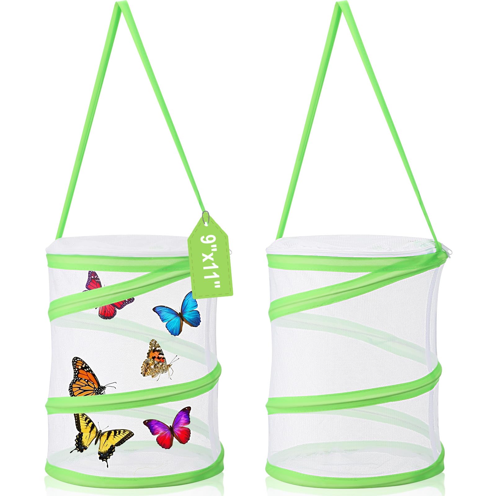 Sherr 2 Pack Butterfly Habitat Cage, 9"x11" Pop-up Mesh Butterfly Net Terrarium, Reusable Caterpillar Raising Kit, Portable Bug Catcher Enclosure for Transporting and Raising Critter (Green)