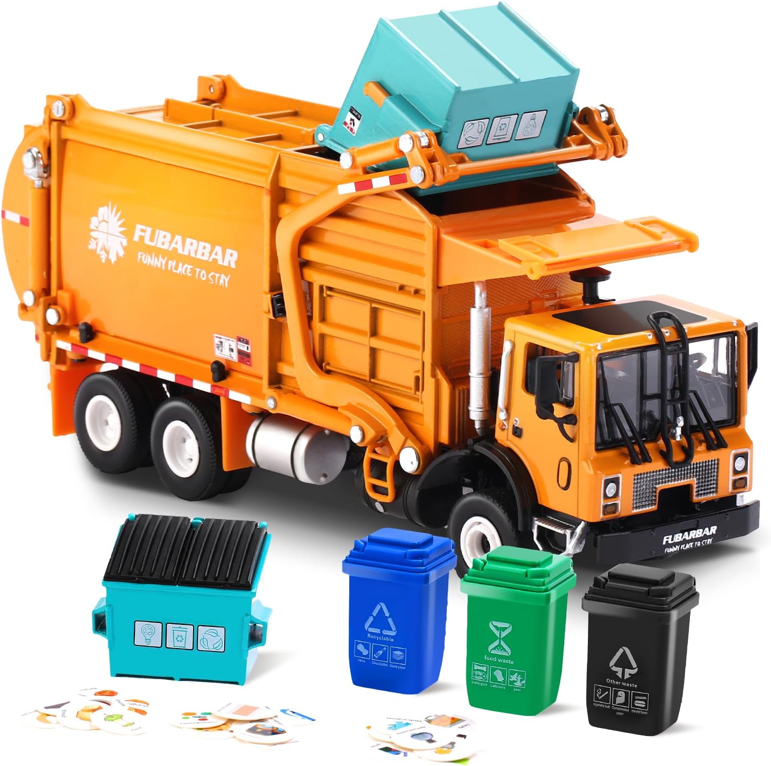 FUBARBAR Metal Garbage Truck Toy Model – 1:43 Diecast Recycling Waste Transport Truck with Trash Bin, Pull Back Model Car Toy for Kids Boys (Orange)