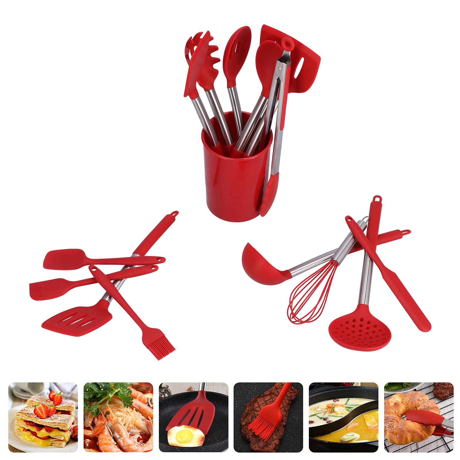 Aramox Set di Utensili da in Silicone, Set di Pentole in Silicone da 15 Pezzi con Manici in Acciaio Inossidabile, Utensili da Riscaldanti a 480 ° F, Sicuro Antiaderente con Supporto per Cuochi