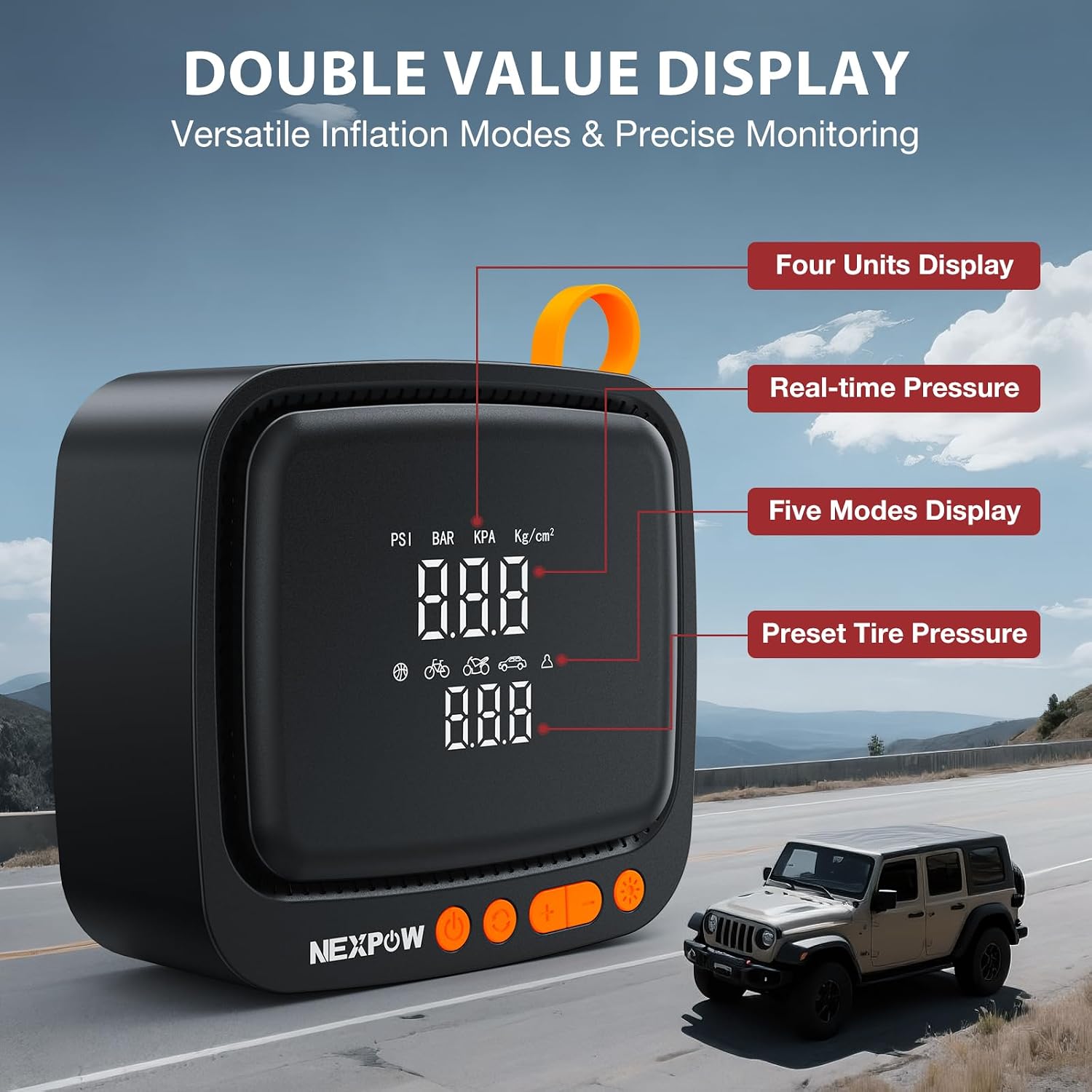 Tire Inflator Portable Air Compressor, NEXPOW 150PSI 12V DC Air Pump with Dual Digital Pressure Gauge & Auto Shut-Off, Air Compressor Portable with LED Light for Car, Motorcycle, Bicycle, Ball, Orange
