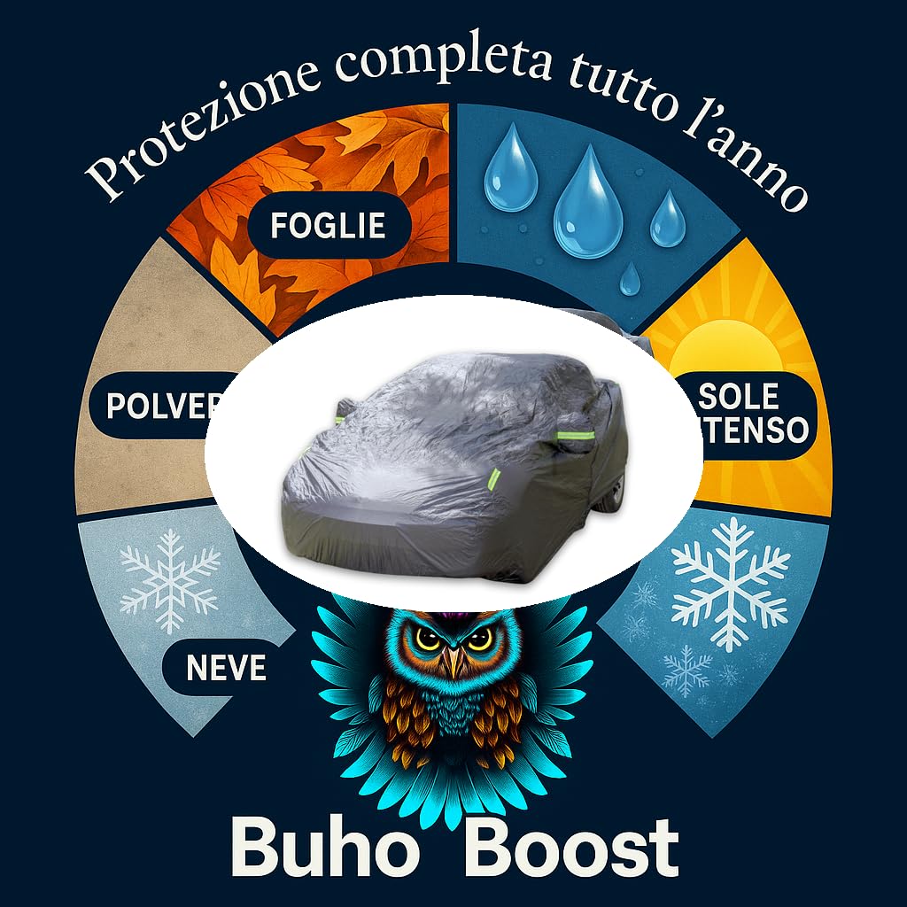 Classic - Telo Auto 100% Impermeabile con Parasole Incluso - Telo Copriauto Da Esterno con 2 Zip Strategiche - Protezione Completa Pioggia/Neve/UV/Polvere - Misura Universale Auto SUV