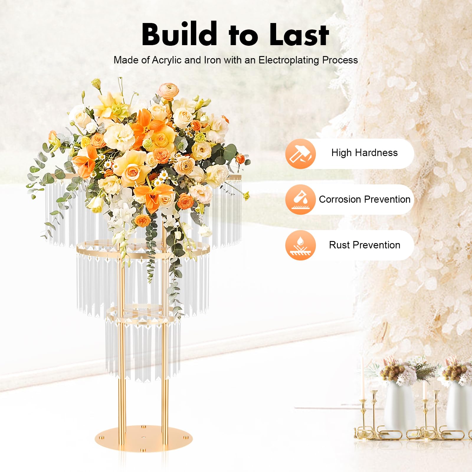3 Strati Porta Fiori in Cristallo Oro Matrimonio 90 Cm Vasi di Cristallo Dorato per Centri Tavola,Matrimonio, Festa, Hotel, Decorazione