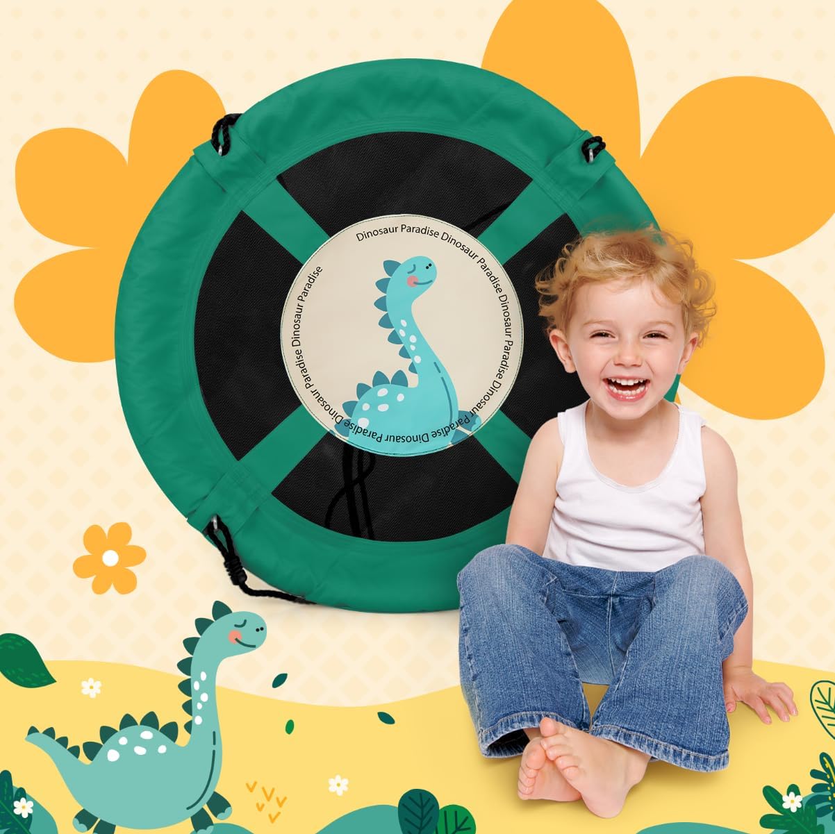 Costzon 40” Saucer Tree Swing for Kids, Flying Saucer Swing with 2 Carabiners, Adjustable Ropes, Waterproof 900D Oxford Cloth, Round Swing for Outdoor Playground, Backyard (Green Dinosaur)