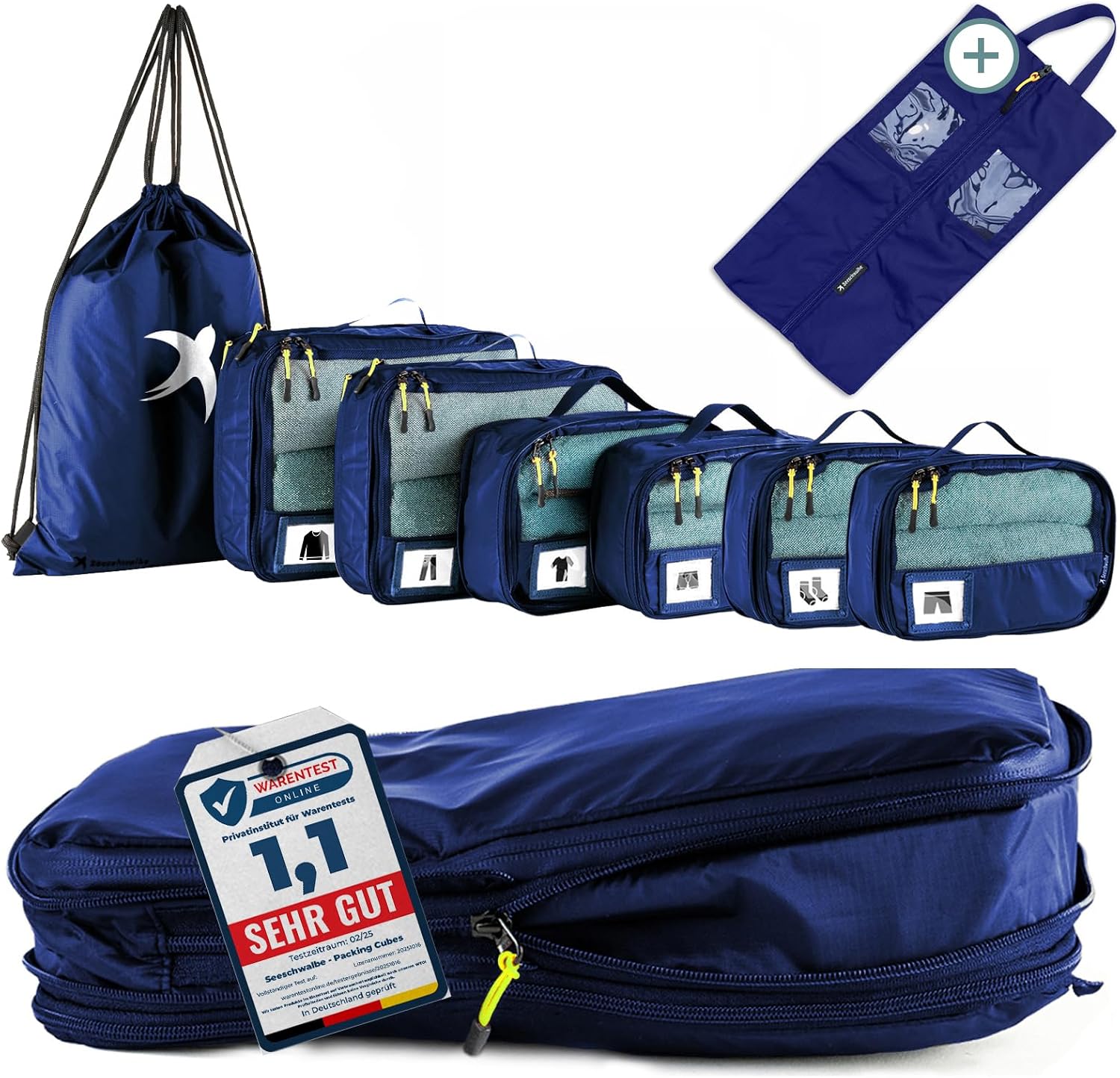 Packwürfel für Koffer, 8-teiliges Set, Reise-Organizer, Packtaschen, Reisezubehör, inkl. Schuhtasche für Reisen, Aufbewahrungstasche, Gepäck-Organizer für die Reisetasche (blau)