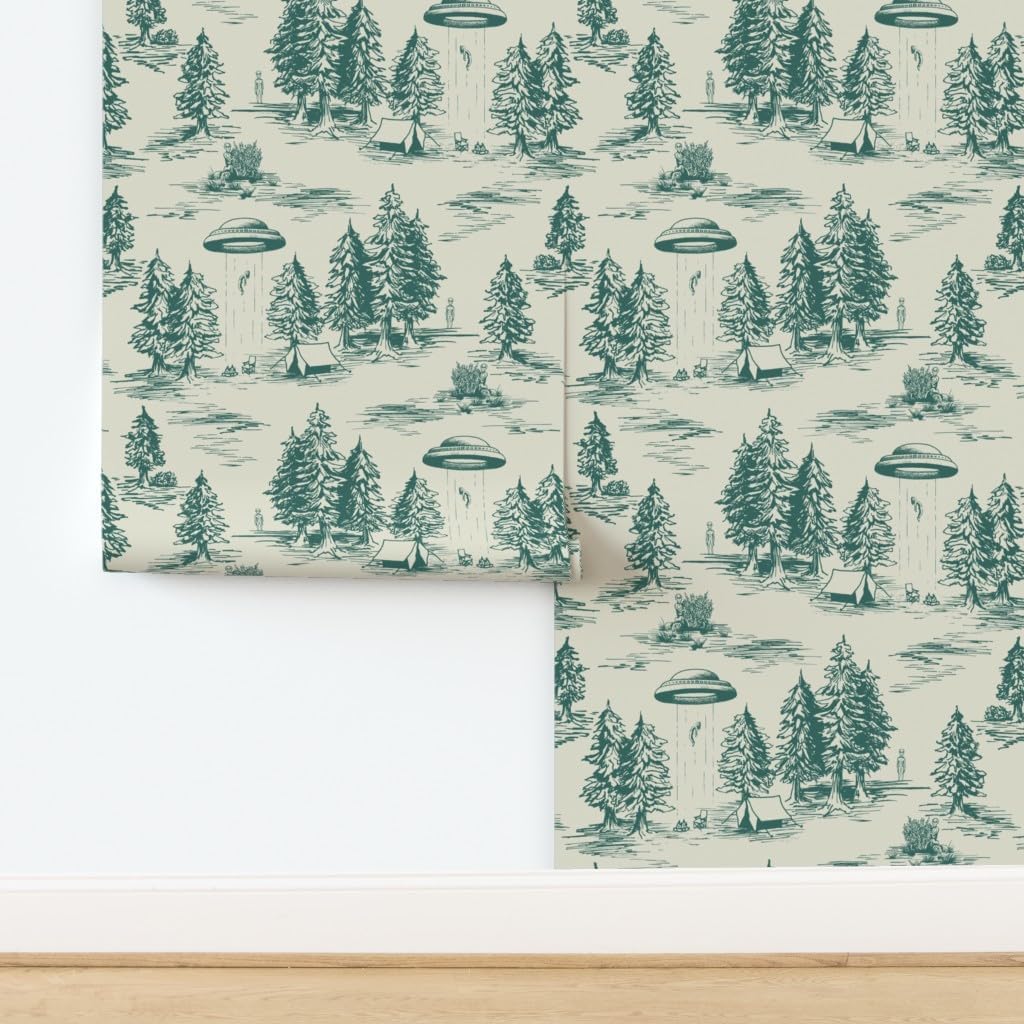 Spoonflower Peel & Stick Wallpaper 9ft x 2ft - UFO Alien Abduction Teal Novelty Funny Toile Large Scale Custom Removable Wallpaper