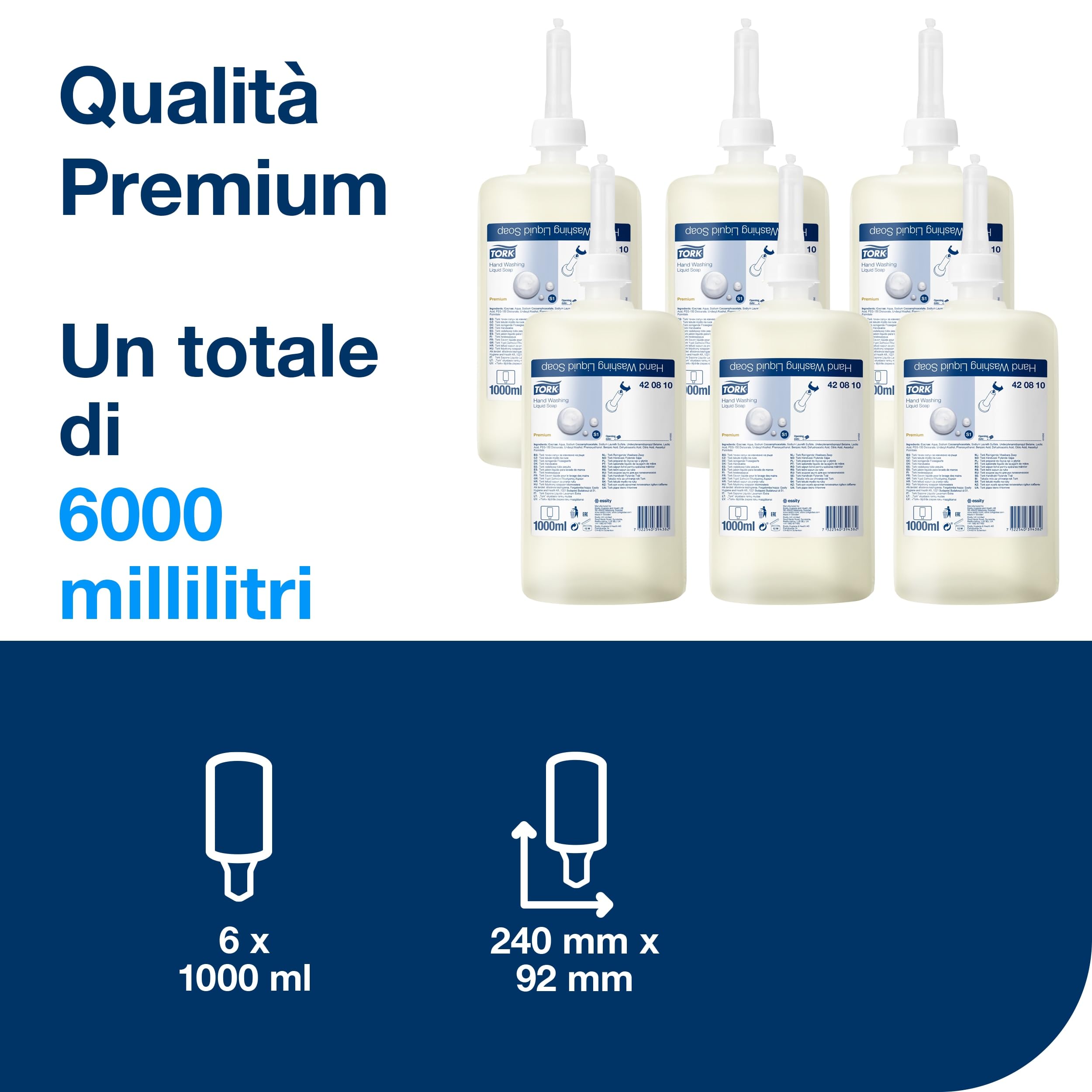 Tork Sapone Liquido per mani senza profumazione, S1/S11, azione sgrassante, 6 confezioni da 1000 ml, 420810