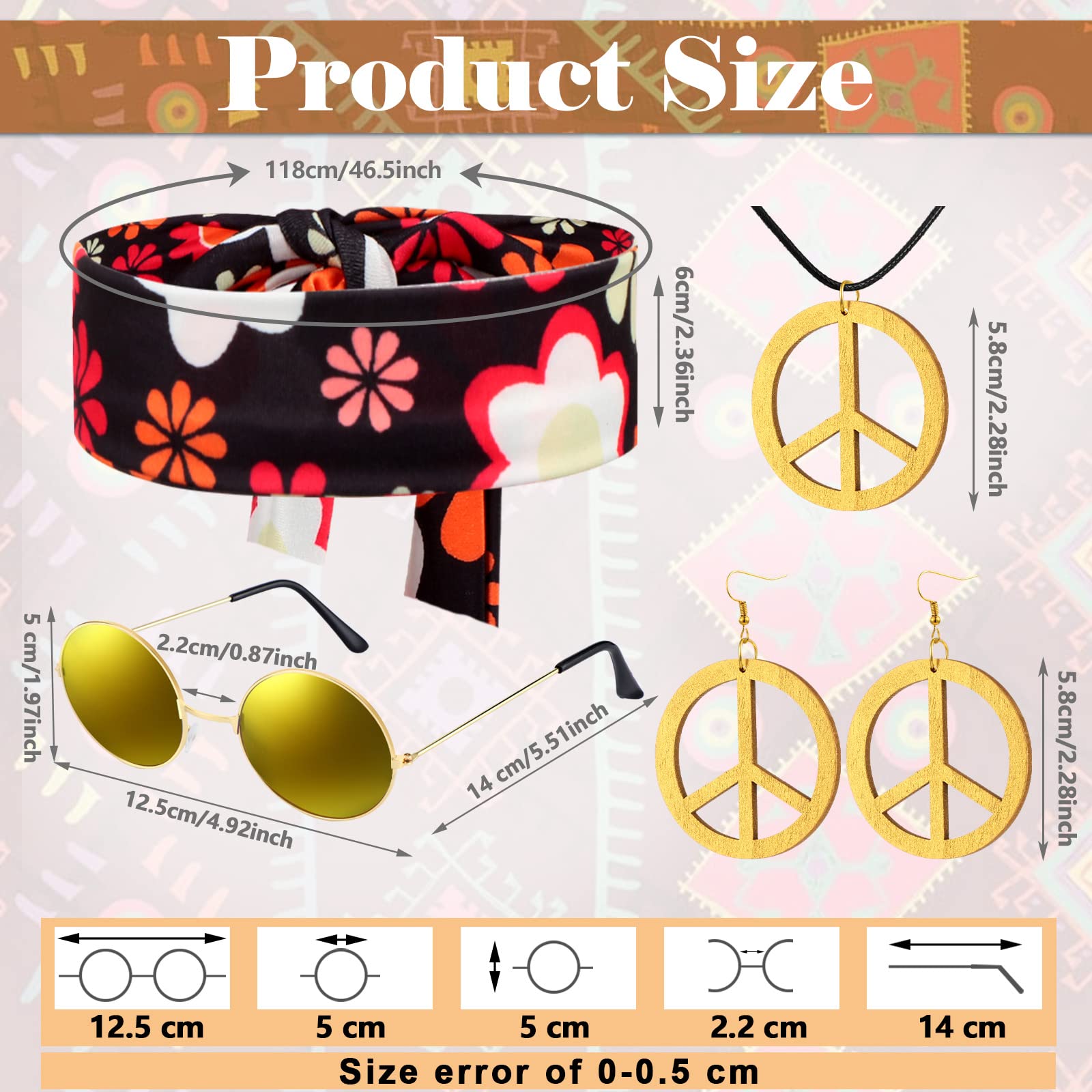 Haull 7 Pcs 60s 70s Outfits for Women Hippie Costume Set Boho Flared Pants Fringe Vest Peace Sign Accessories Set(Large, Flower)