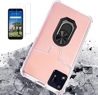 for Foxx Foxxd A56 Case 2 Pack Screen Protector Tempered Glass,Shock Protective Kickstand 360 Ring Holder Defender Transparent Slim Phone Cover Cases for Foxx-A56 -Black
