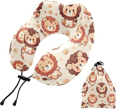 Travel Pillow Pattern with Cute Lion Character Memory Foam Neck Pillow Head Support Cozy Soft Pillow Perfect for Sleeping Rest, Airplane Car and Home Use
