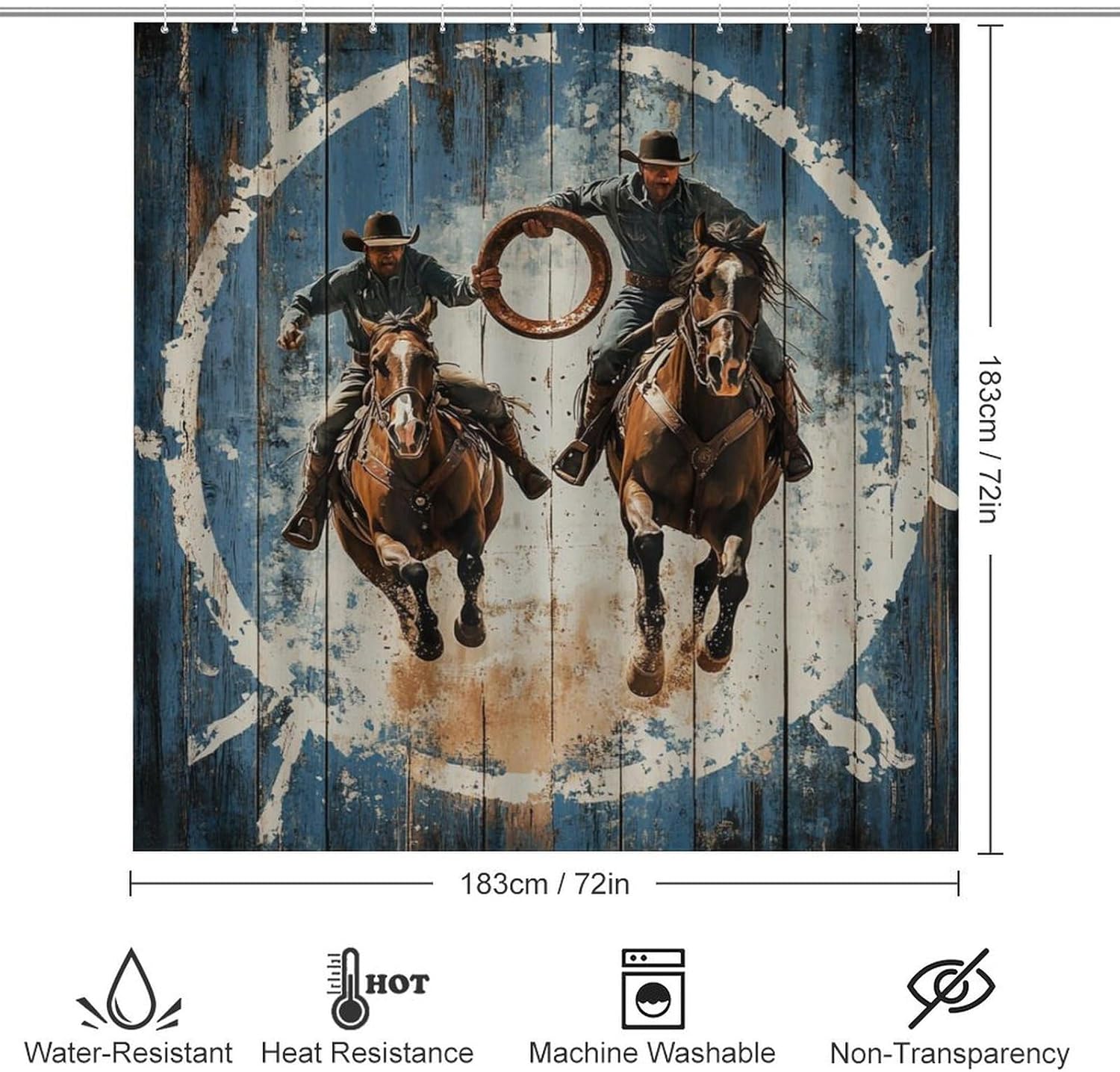 4Pcs West Cowboy Theme Shower Curtain Sets with Rugs, Toilet Lid Cover and Bath Mat, Farmhouse Wooden Board Retro Bathroom Shower Curtains Set with 12 Hooks
