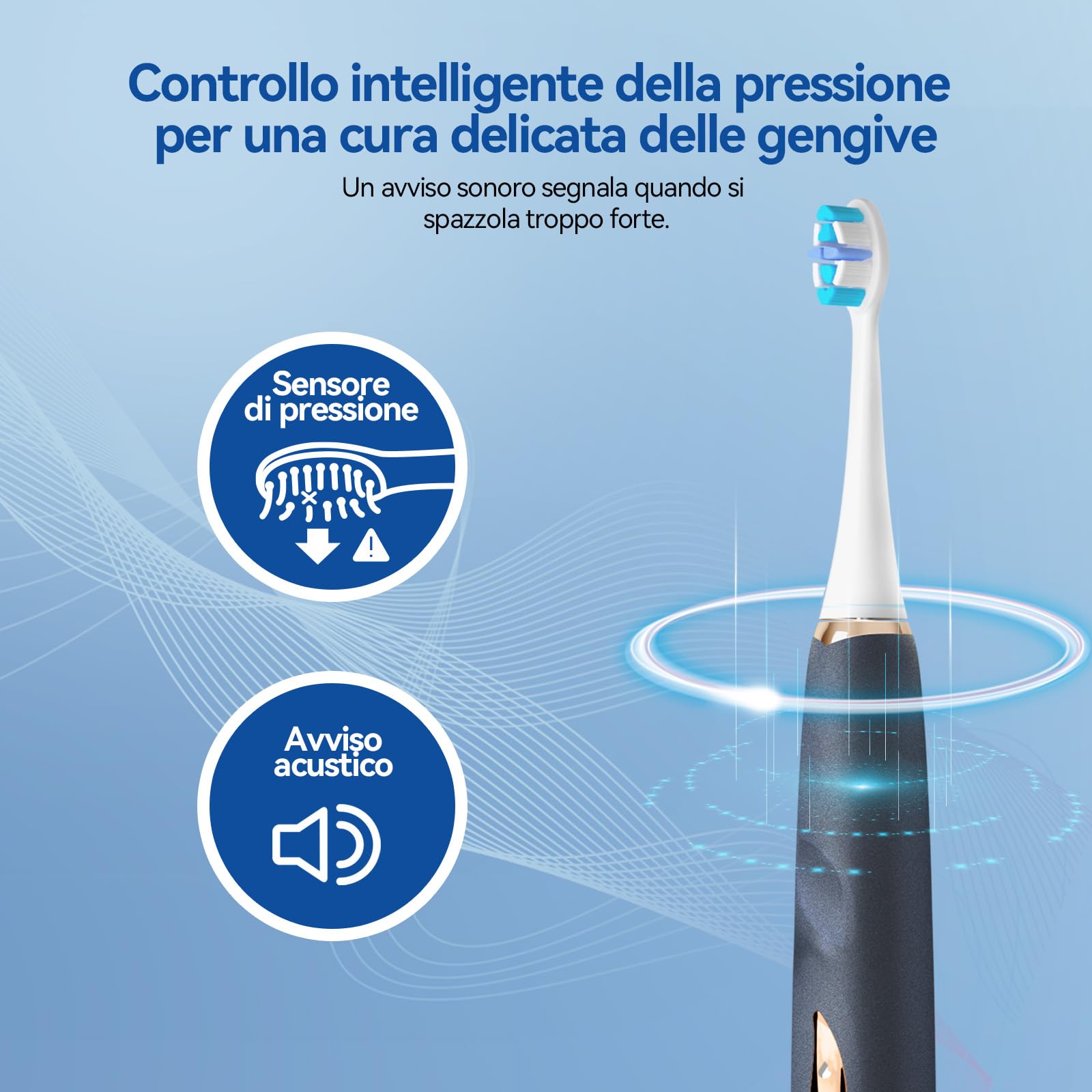 Seago spazzolino elettrico con sensore di pressione con porta spazzolino elettrico, 8 Testine, 40000 VPM, 5 Modalità, Timer da 2 Min, IPX7, Per Adatto alle persone sensibili, Adulti, Bianco (Blu)