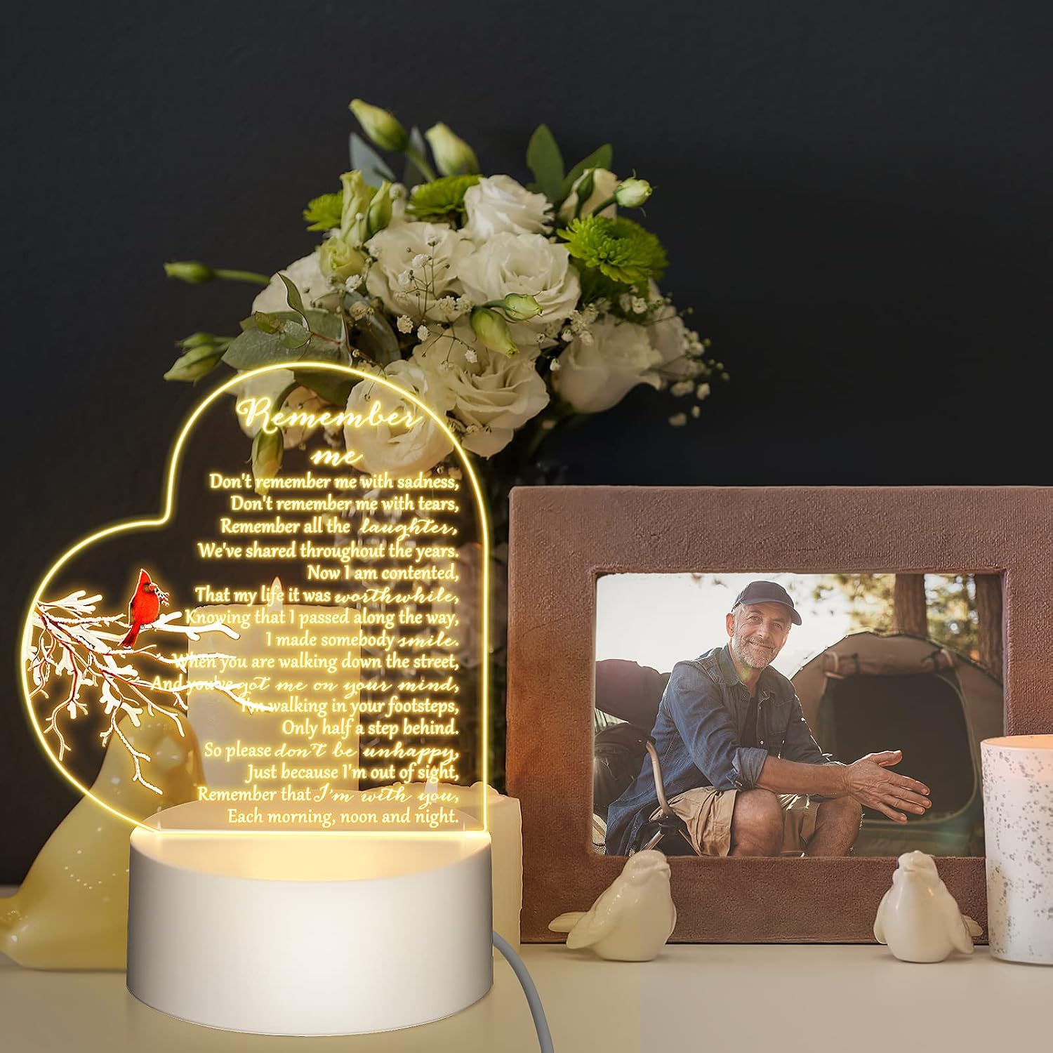 Roowest 3 Pack Sympathy Gift Memorial Night Light Gifts for Loss of Loved One Remember Me Acrylic Heart Sign with USB Charging Base Crystal Glass Heart Bereavement Condolence Present 4.7 x 6.3 Inch