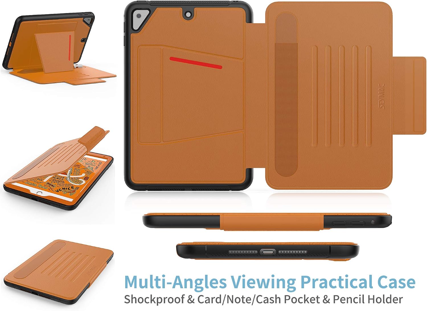 SEYMAC stock Case for iPad Mini 5/4, Protection Smart Magnetic Auto Sleep/Wake Cover with Multi-Angle Stand [Card Slot] [Pencil Holder] Feature for iPad Mini 5 / Mini 4 2019/2015 (Black/Orange)