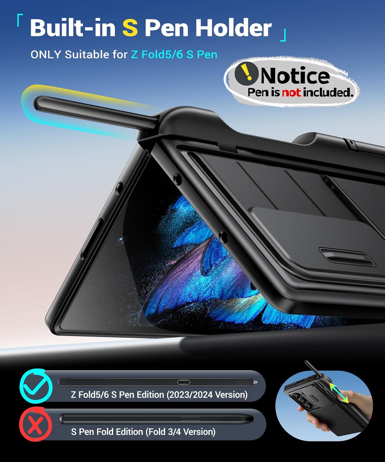 BERFY for Z Fold 6 Case with Screen Protector, Built-in S Pen Holder, Slide Camera Cover, Hidden Kickstand, Full Body Shockproof Slim Phone Case for Samsung Galaxy Z Fold 6, Privacy Black