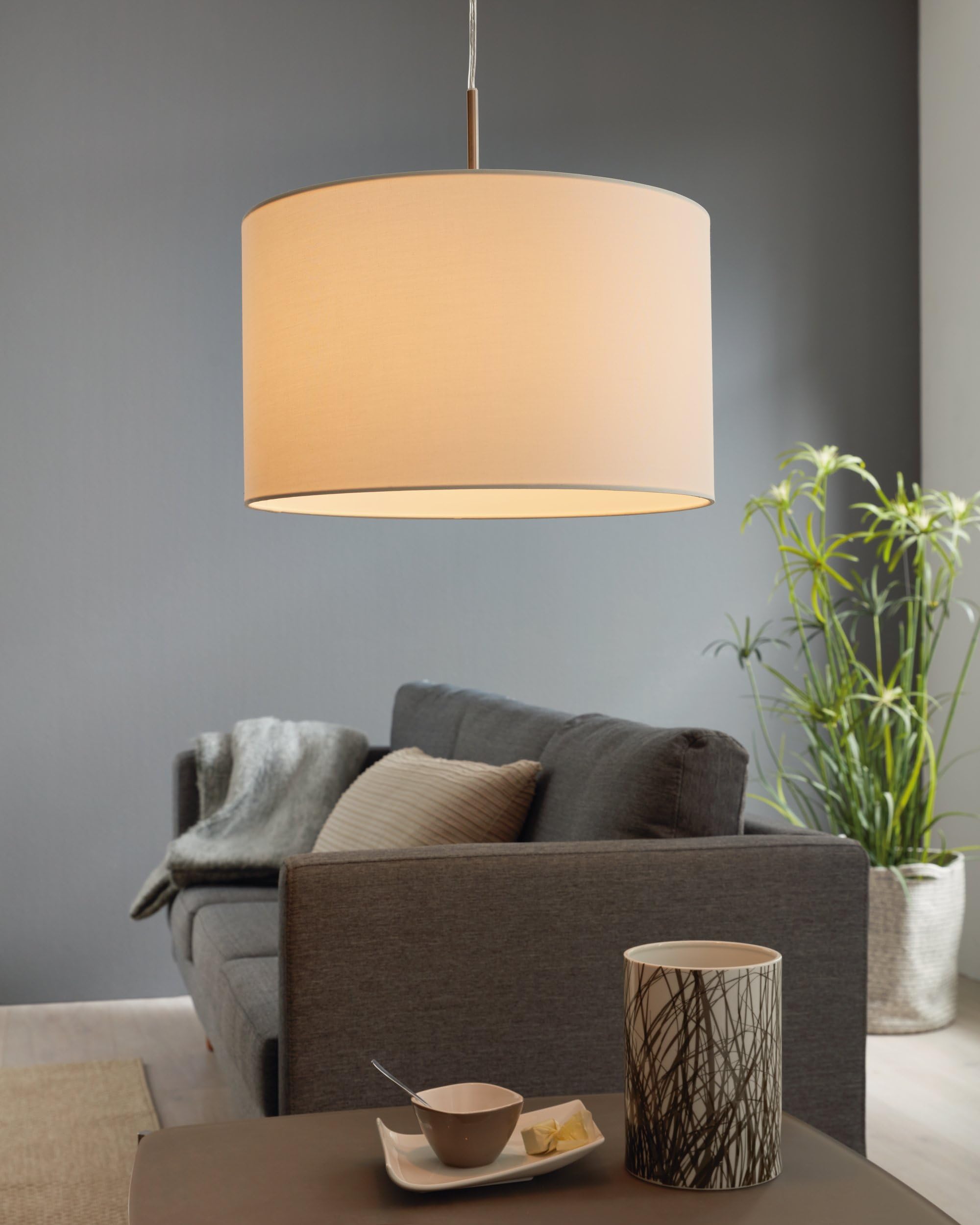 Eglo Lámpara colgante Pasteri, lámpara de techo textil de 1 foco | lámpara colgante de acero y tela, color níquel mate, blanco, portalámparas E27, diámetro 38 cm