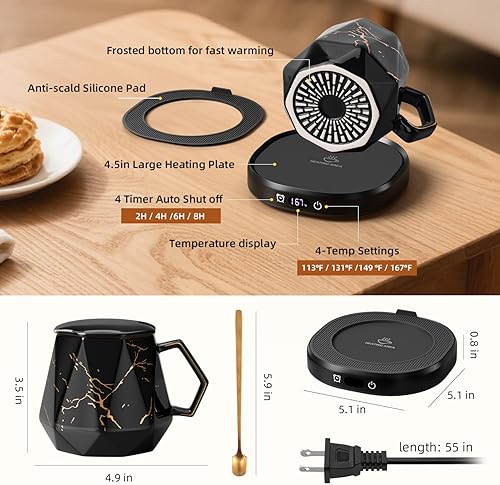 Miniatura 8 de Calentador de taza de café y juego de tazas de mármol único, calentador eléctrico inteligente para escritorio de oficina, 4 controles de