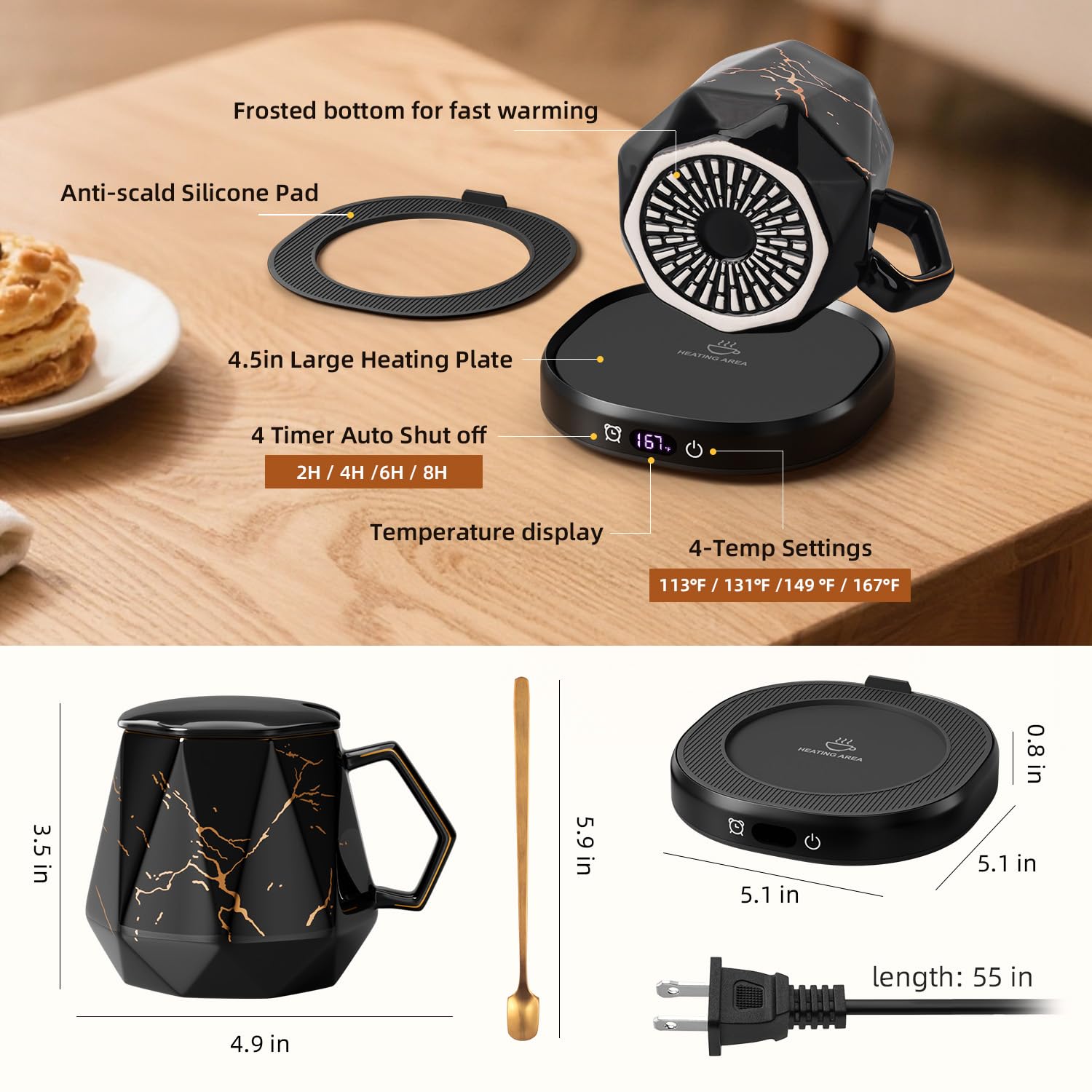 Calentador de tazas de café y juego único de tazas de mármol, calentador de tazas eléctrico inteligente para computadora y oficina, 4 controles de temperatura, calentador de bebidas de café, té y 8