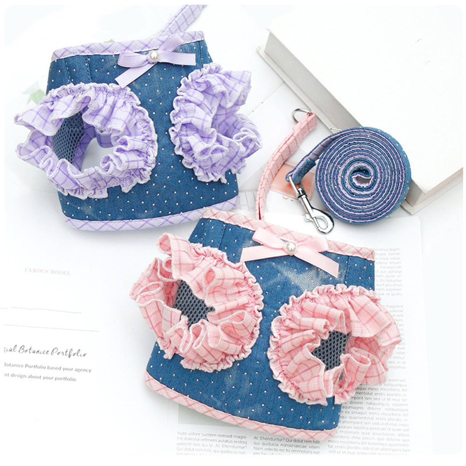 Set Pettorina e Guinzaglio per Cani Piccoli, Pettorina Carina per Cuccioli con Papillon e Scozzese, Pettorina Regolabile Carina per Cani,Viola,S