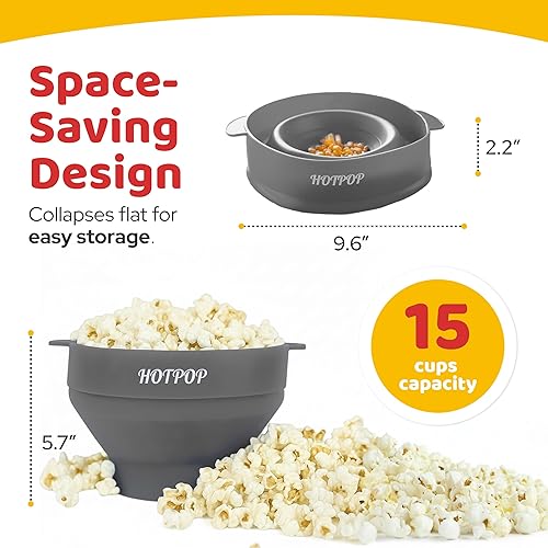 Miniatura 2 de El Hotpop Original - Palomitero para microondas, Popcorn, contenedor de silicona para hacer de palomitas de maíz, cuenco plegable sin BPA y apto