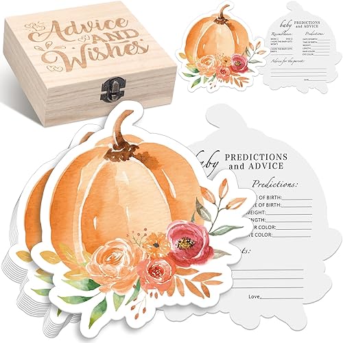 Miniatura 10 de RattanView 50 tarjetas de juego de predicción y consejos de otoño de doble cara con caja de recuerdo de madera, calabaza floral, Día de Acción de