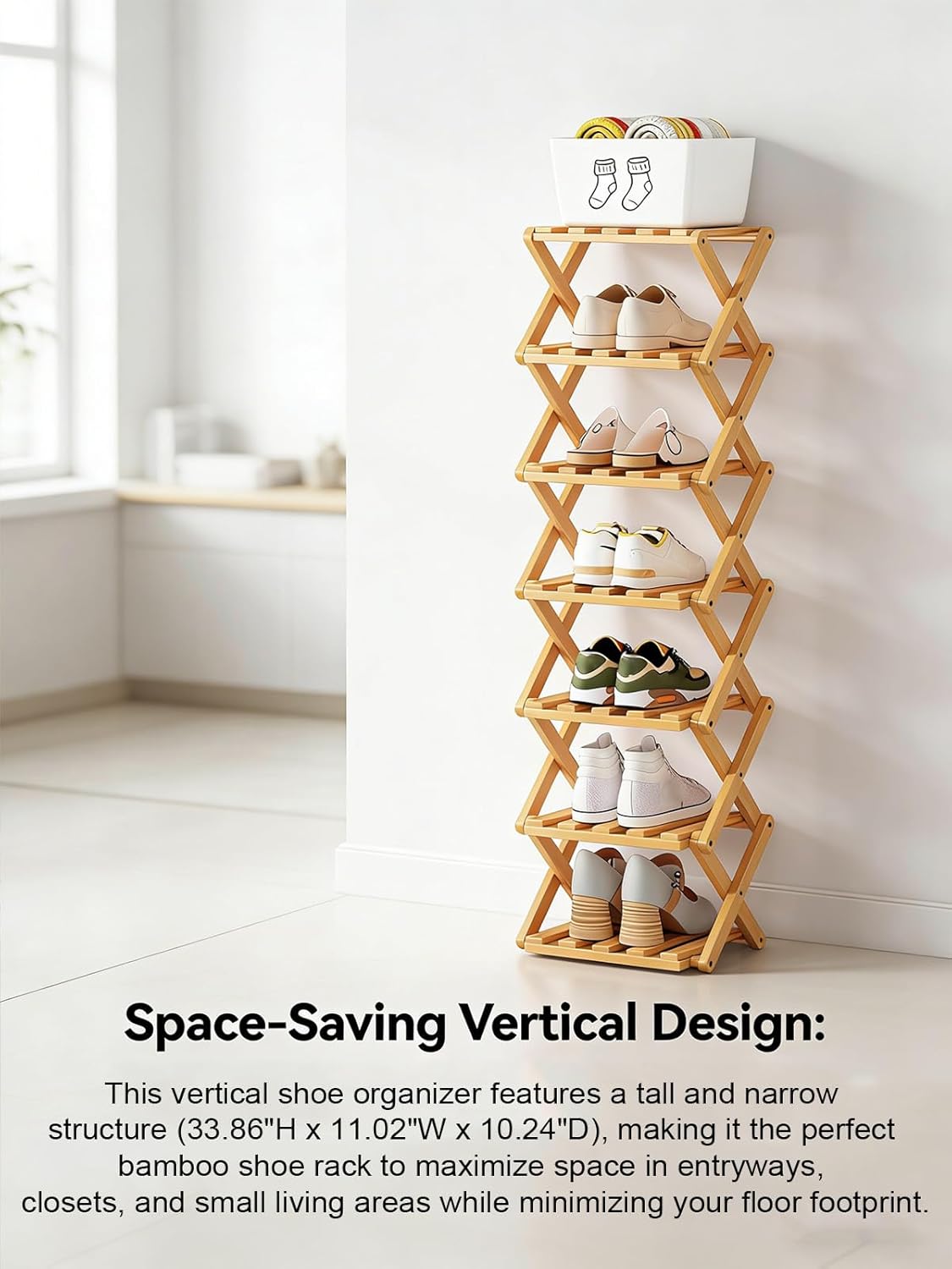 The 9-Tier No-Assembly Bamboo Rack, Foldable Vertical Storage Rack Without Assembly for Entryway, Cabinet, Dormitory Space Saving Bamboo Folding Shoe Rack (Yellow,4)