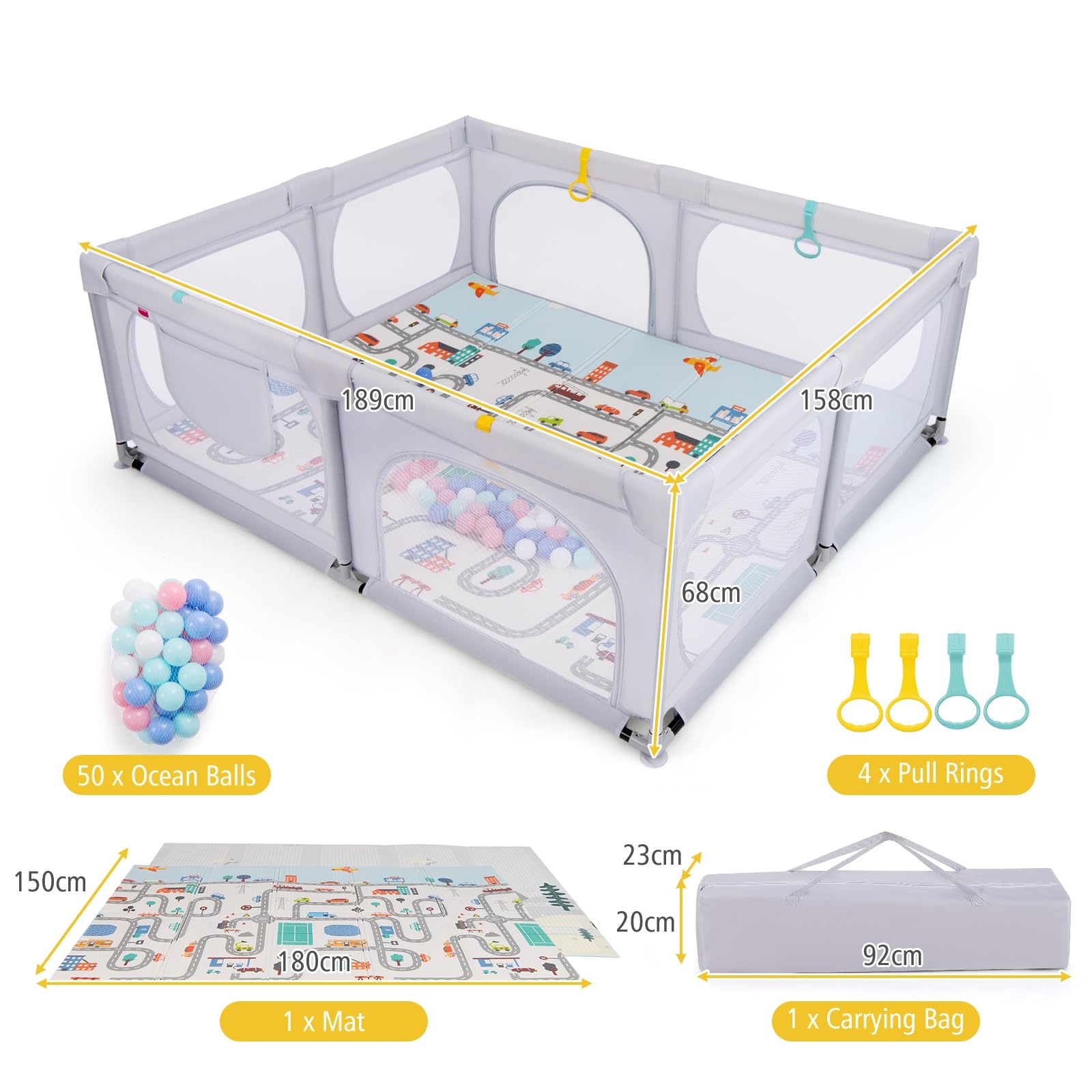 LIFEZEAL Recinto Bambini con Tappeto Gioco, 189x158cm, Box Neonato con Materassino, Box Bimbo 0~36 Mesi con Borsa, Anelli e Palline Colorate, Recinto Neonati in Rete Traspirante (grigio chiaro)