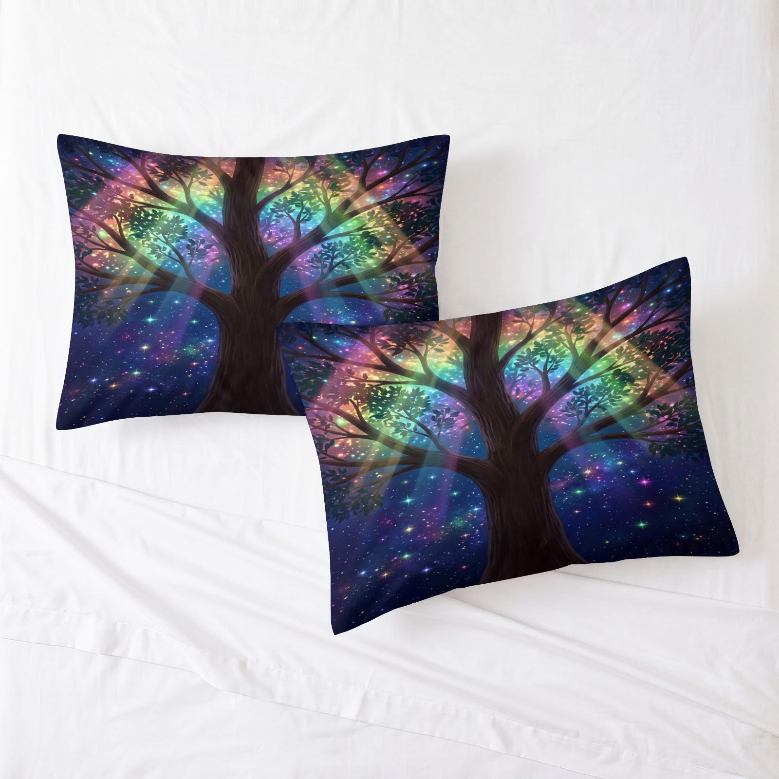 Pościel 3D, 200 x 200 cm, rośliny, gwiaździste niebo, fantazyjne, świecące drzewo, miękka, nie wymaga prasowania, oddychająca, z zamkiem błyskawicznym, w zestawie 2 poszewki na kołdrę i 2 poszewki na