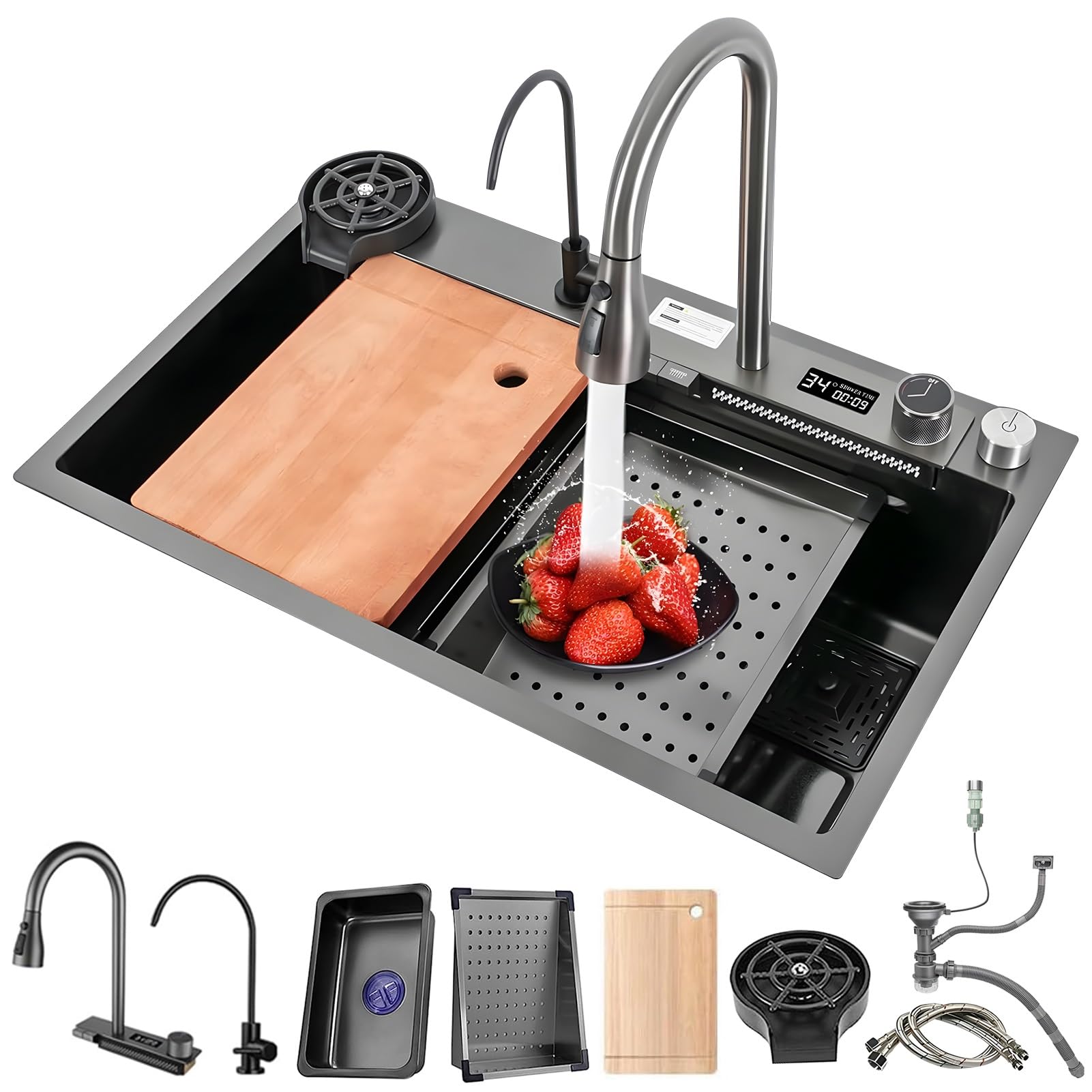 ZQFHSX Top Mount Waterfall Kitchen Sink, Black Gray Single Bowl Farmhouse Stainless Steel Bar Multifunctional Workstation Drain Accessories(Black grayB,80x45cm)