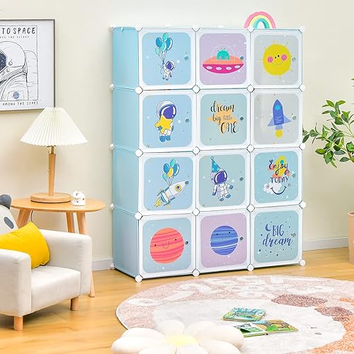 Miniatura 2 de INFANS Armario para niños, armario portátil para bebé, lindo para dormitorio de niños, armario de guardería con puertas, 12 cubos, 2 secciones para