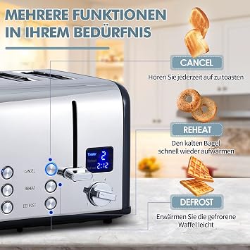 Toaster 4 Slices CUSIMAX Stainless Steel with LED Display 4 Extra Wide Slots Black Toaster 2 Individual Control Panels with 6 Browning Levels Cancel Warm Up & Defrost Function
