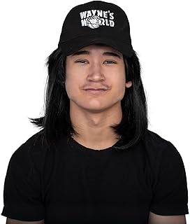 Wayne’s 90’s Wig and Hat World Character Cosplay Halloween Costume Set - Adult Unisex Standard Fit (Black Hair)