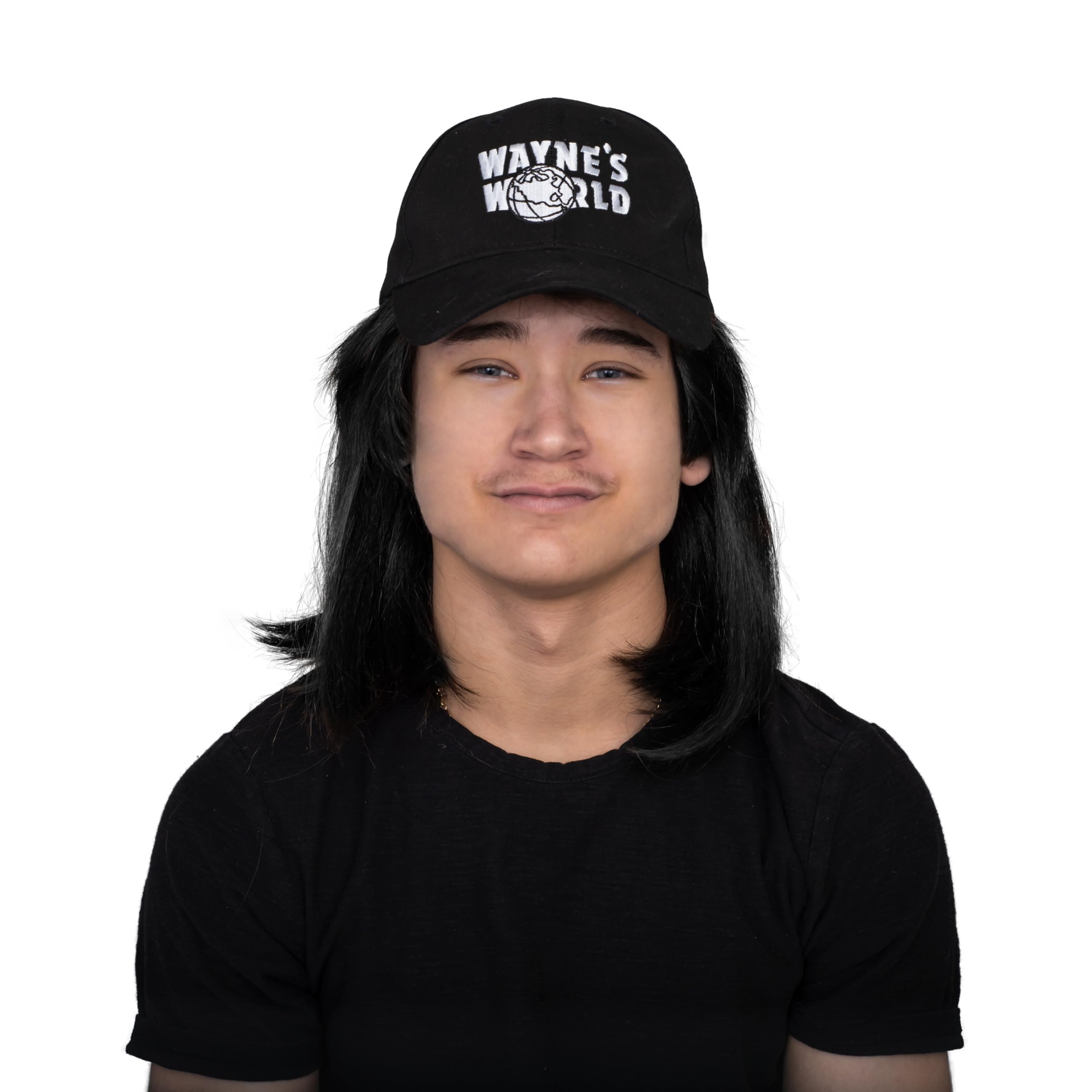 Wayne’s 90’s Wig and Hat World Character Cosplay Halloween Costume Set - Adult Unisex Standard Fit (Black Hair)