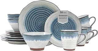 Sango 16-Piece Stoneware White/Blue Dinnerware Set for 4, Large Mugs, Plates and Bowls Sets with Swirl Design, Durable Ceramic Dish Set, Microwave & Dishwasher Safe Dishes for Everyday Dining, Talia