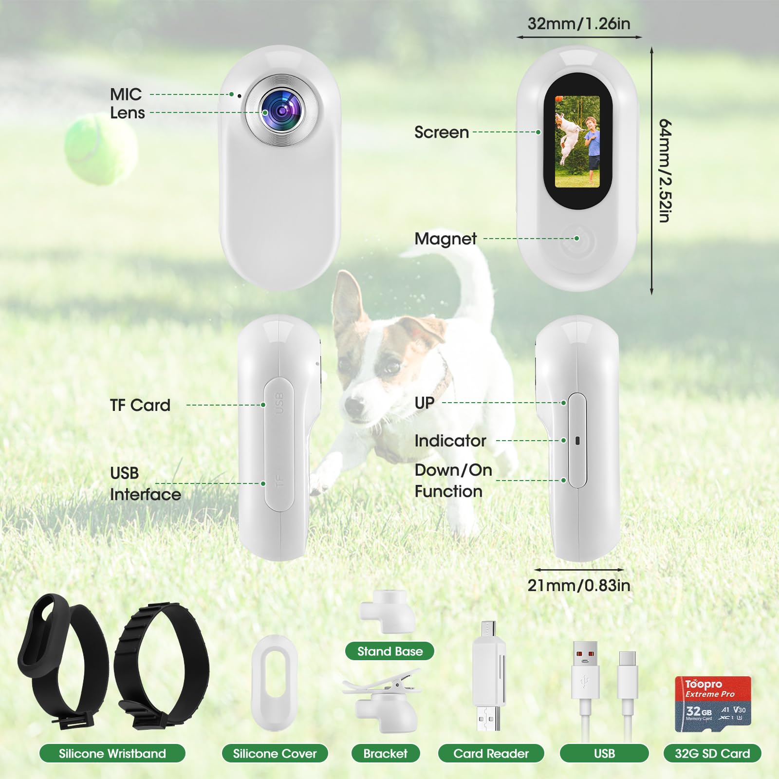1080P HD - Collar para cámara de gatos, con gran angular de 170° y tarjeta SD de 32 GB, mini cámara de acción deportiva, cámara de gato para grabación de vídeo y fotos, cámara de animales para gatos