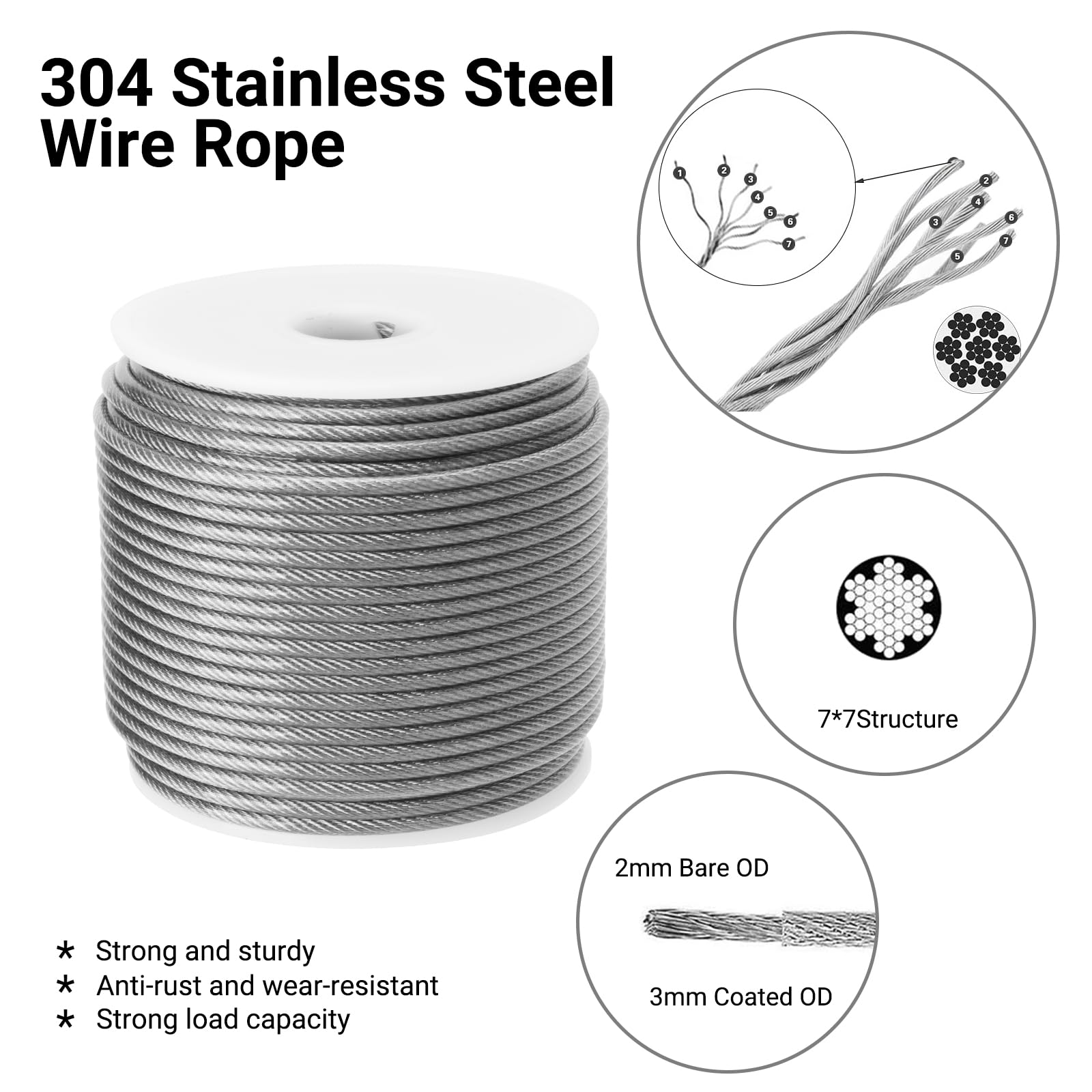 50M Drahtseil Edelstahl Set, 3mm Stahlseil mit M5 Ösen Seilspanngarnitur, Seilspanner Spannschloss Spanndraht PVC-ummantelt für Kletterpflanzen, Zäune, String Light Suspension, Wäscheleine