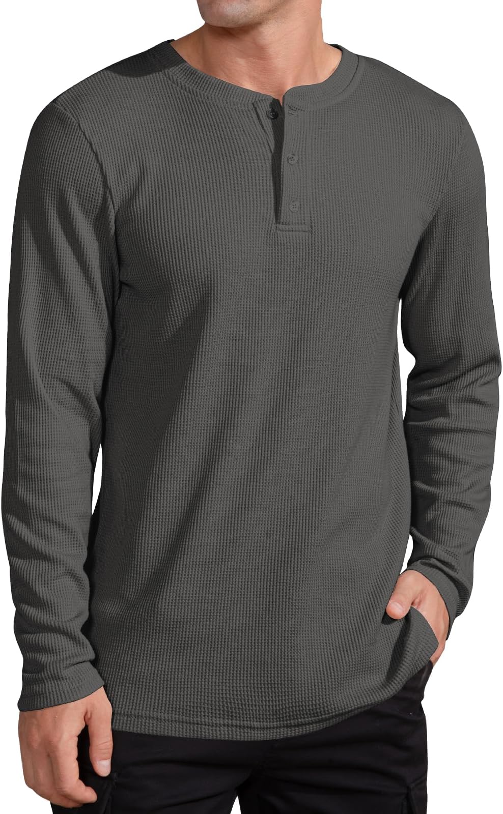 QUALFORT Men's Waffle Henley Shirt, Long Sleeve Cotton Blend Thermal Pullover Top
