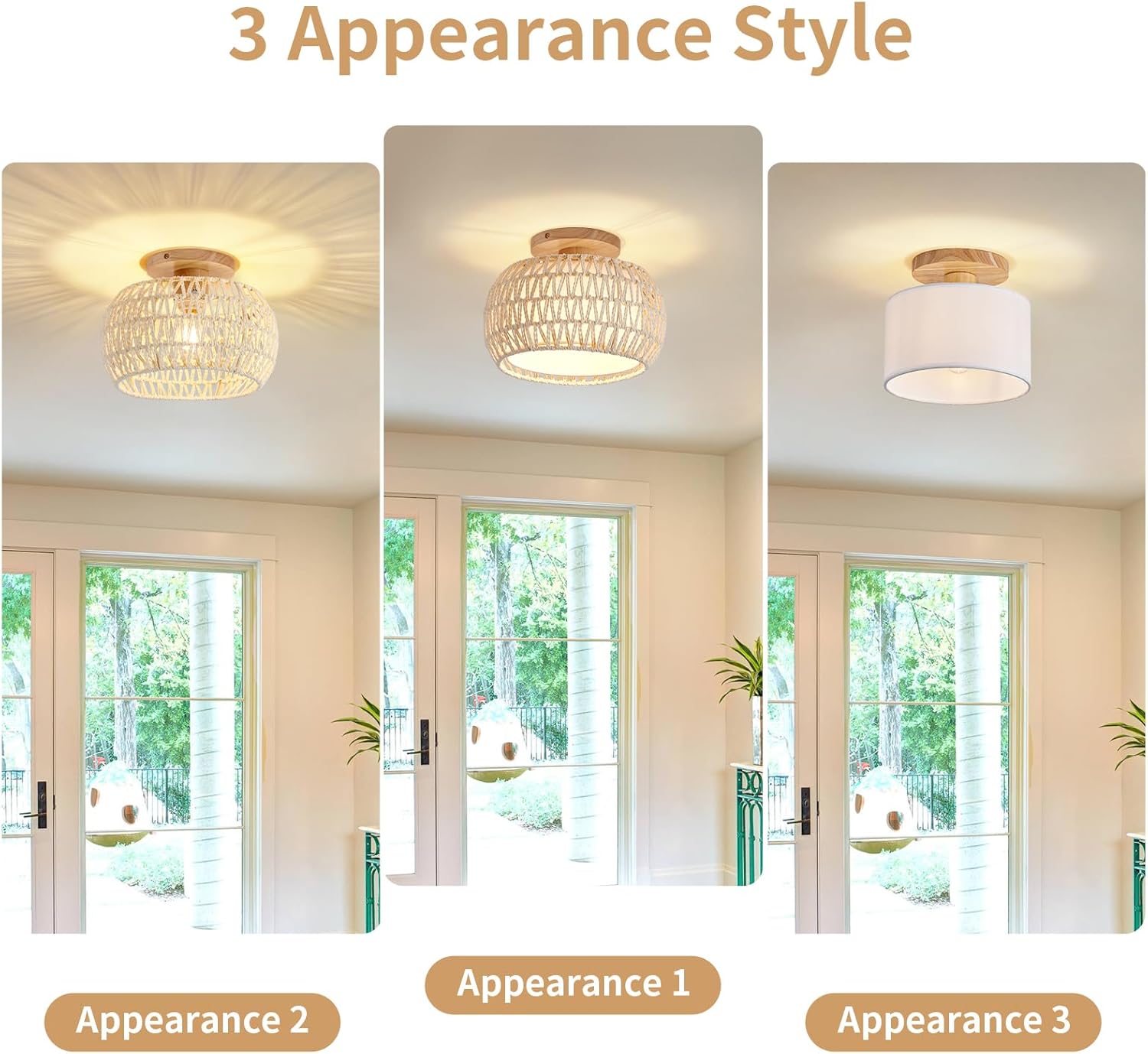 Boho Rattan Ceiling Light Fixture - 3 Style Options Wicker Semi Flush Mount Ceiling Lights,Beige Coastal Light Fixtures,Bohemian Woven Basket Chandelier for Hallway Bedroom Nursery Kitchen Laundry