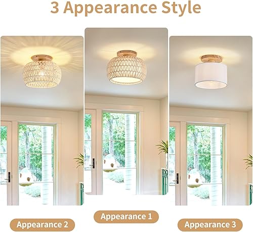 Miniatura 2 de Lámpara de techo de ratán bohemio, 3 opciones de estilo, luces de techo de mimbre semiempotradas, accesorios de luz costera blanca, candelabro de