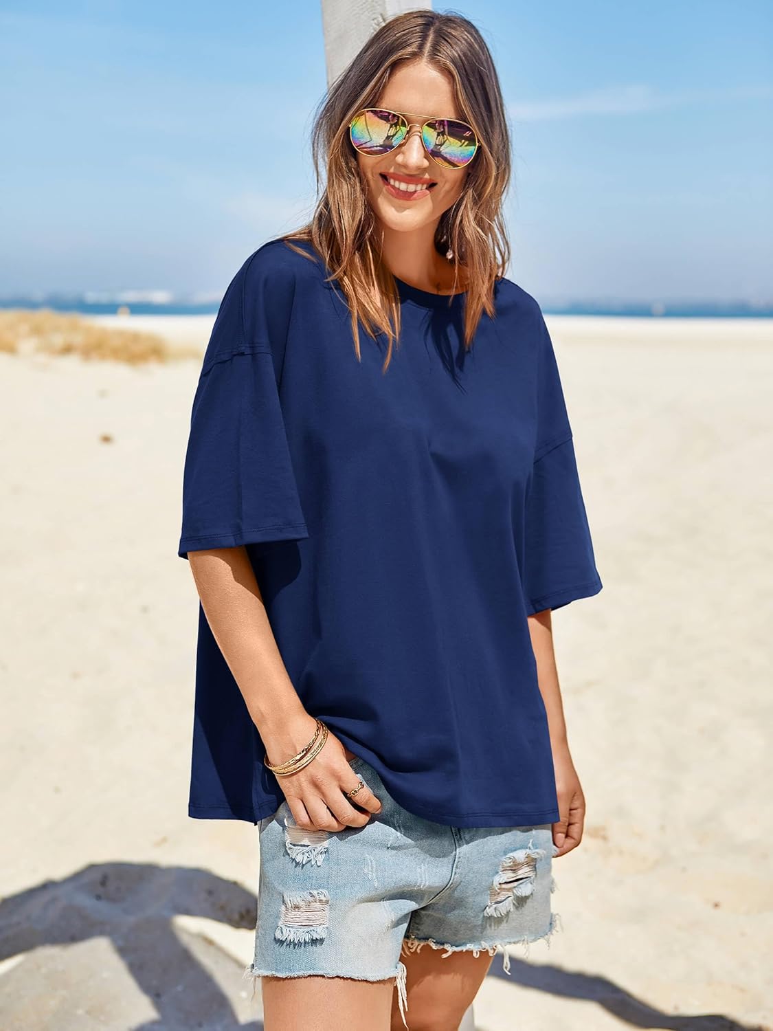 Tankaneo Womens Oversized Tshirts Summer Casual Short Sleeve Crew Neck T Shirt Loose Fit Side Slit Tee Tops - Image 3