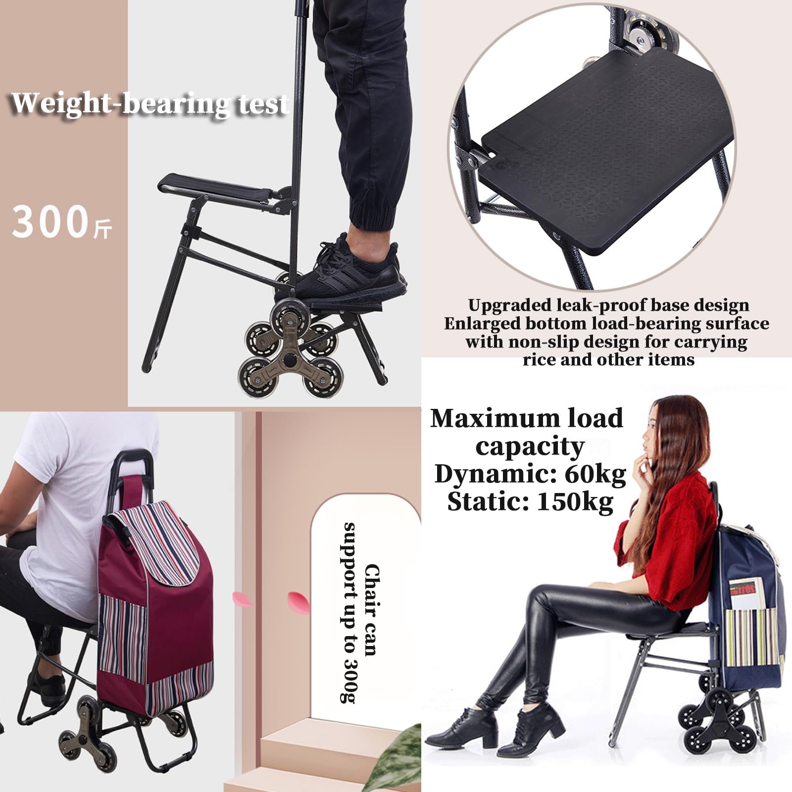Wytrzymały składany wózek na zakupy z 6 kółkami z siedziskiem, wózek spożywczy dla seniorów, pojemność 150 kg, przenośny, podróżny, ręczny, idealny na kemping i artykuły spożywcze, czerwony