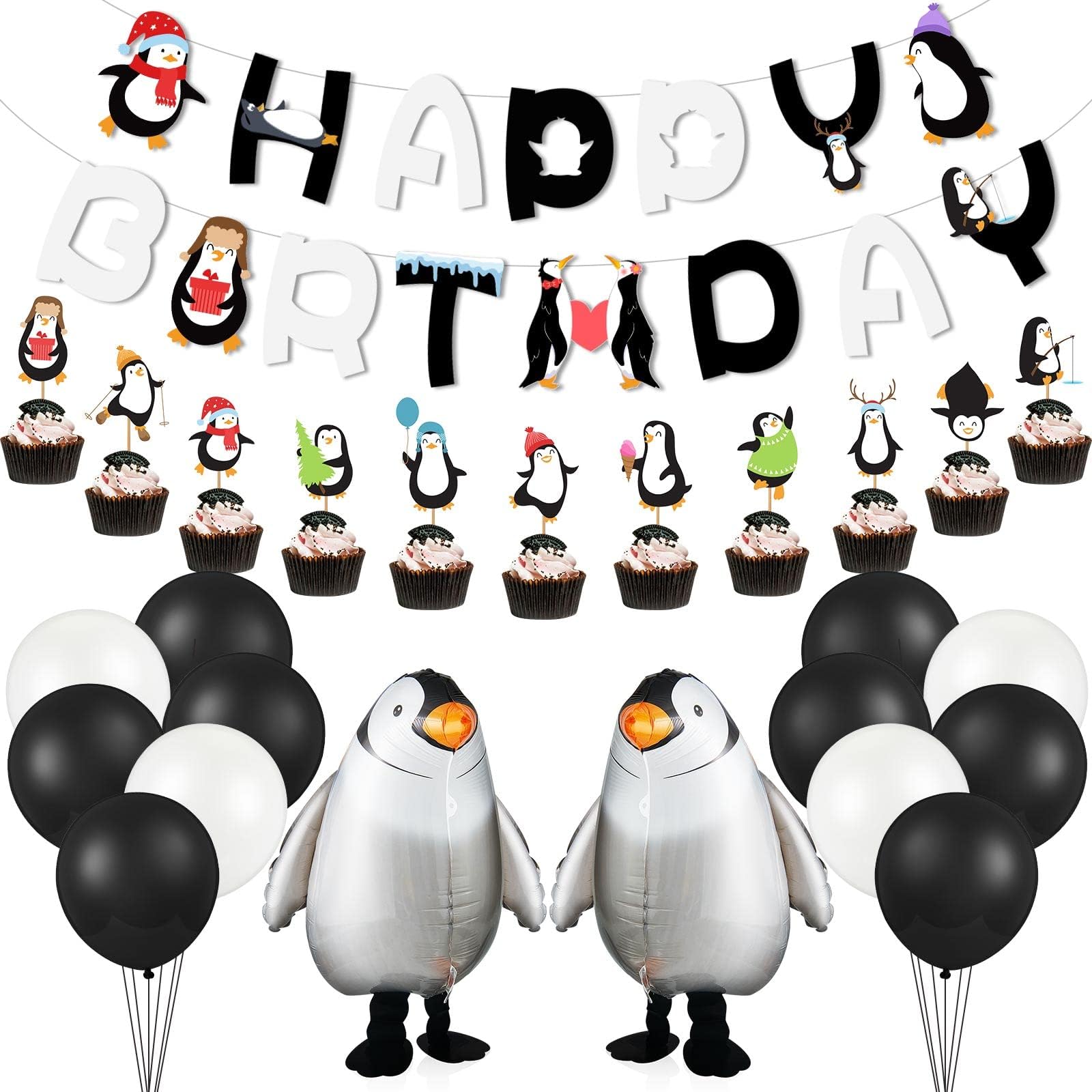 48 Piece Penguin Party Decorations - Happy Birthday Banner, Walking Penguin Balloons, Cake Toppers, Latex Balloons for Baby Shower or Winter Theme Celebrations